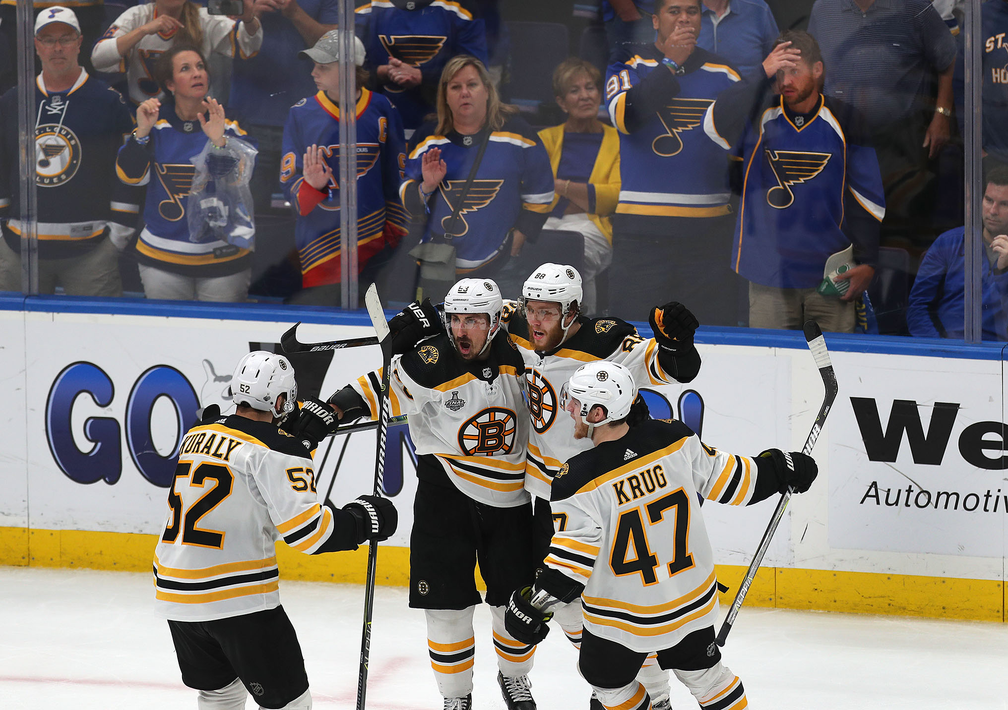 The Bruins celebrated a David Pastrnak (second from right) goal during the third period of Game 6 of the Stanley Cup Final. The Bruins beat the Blues, 5-1, to set up a winner-take-all Game 7.