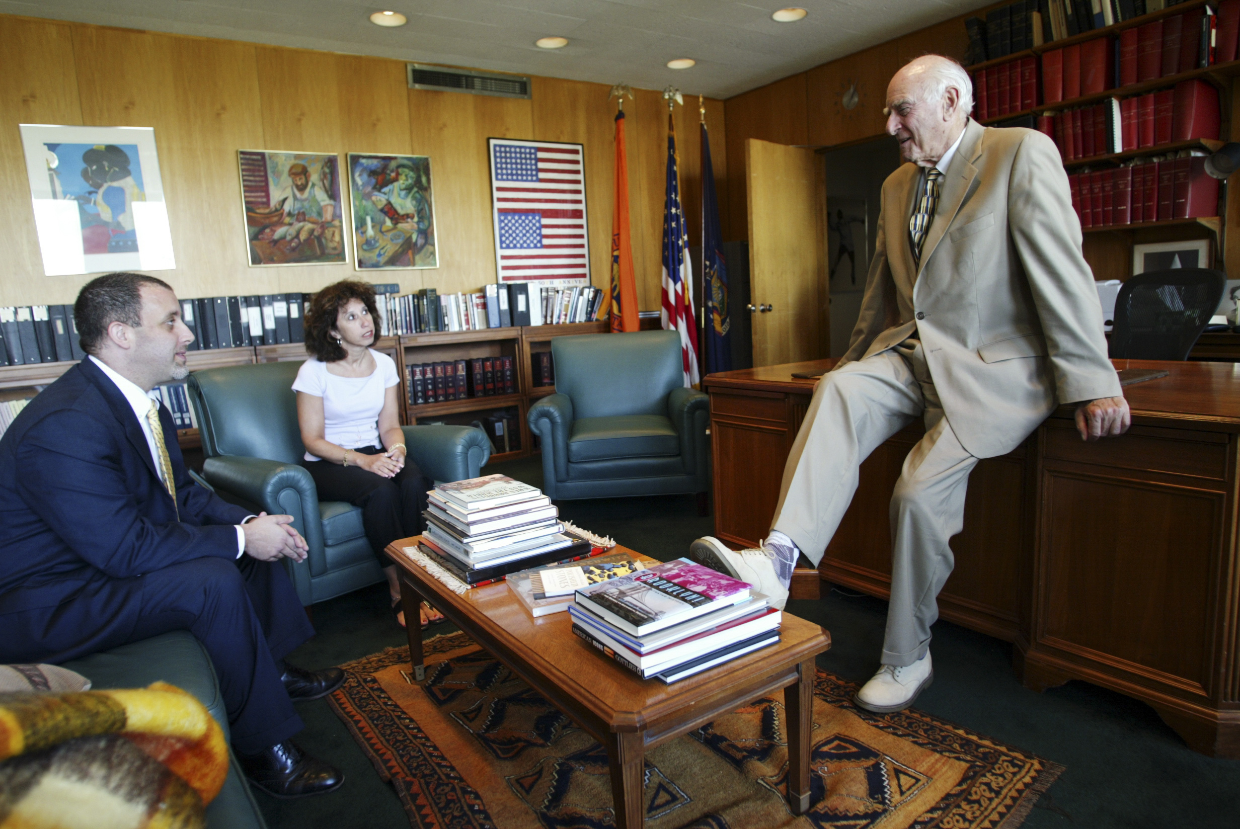 Judge Weinstein, in his chambers with his associates Marc Falkoff and Eileen Levine in New York.