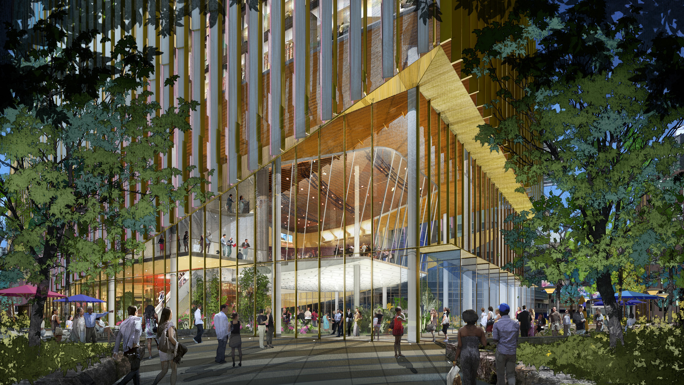 An artist rendering of 585 Third St. in Kendall Square, a 16-story lab tower with lower floors and outdoor space for public gatherings and performances.