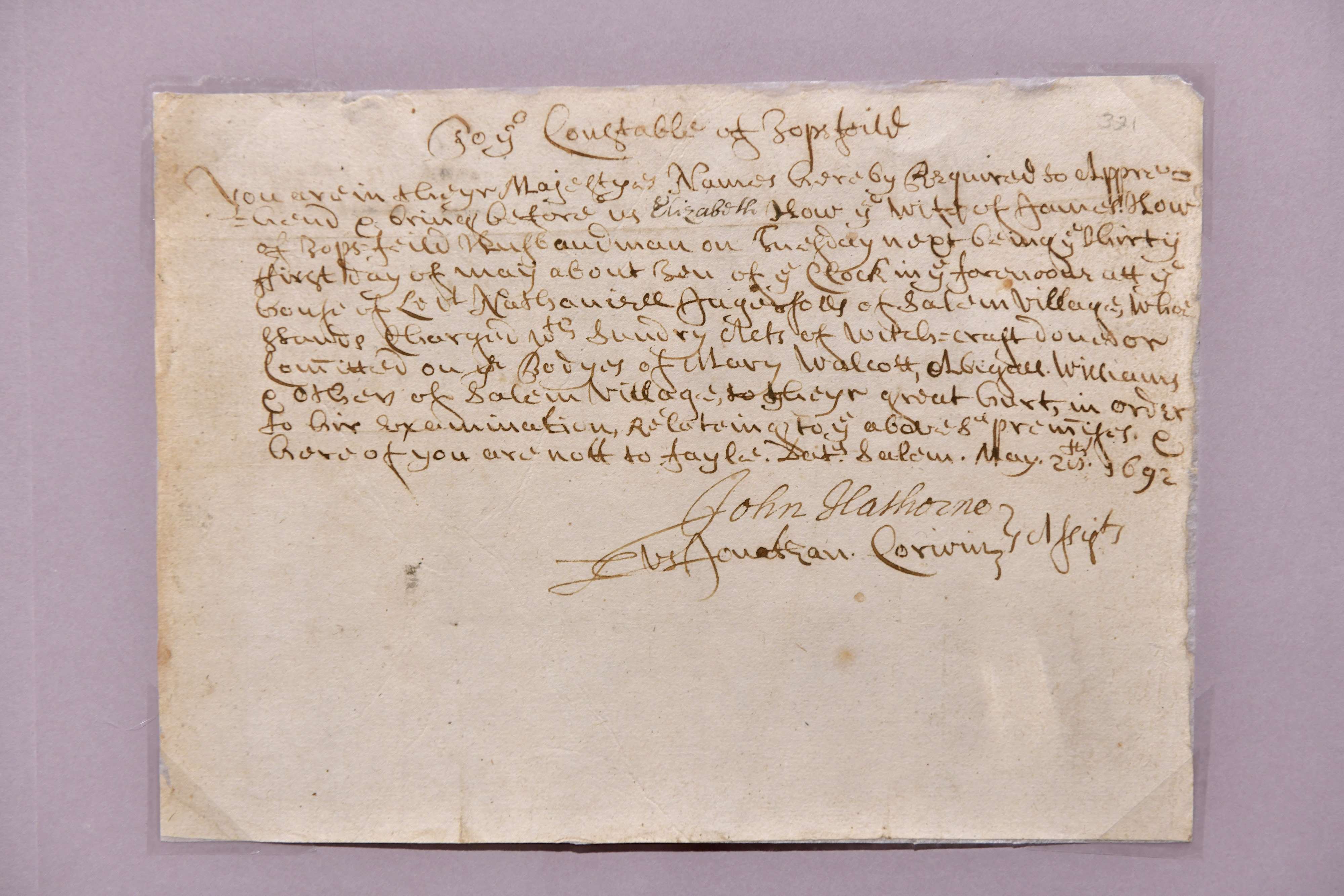 The May 1692 warrant for the arrest of Elizabeth How, who was hanged that July.