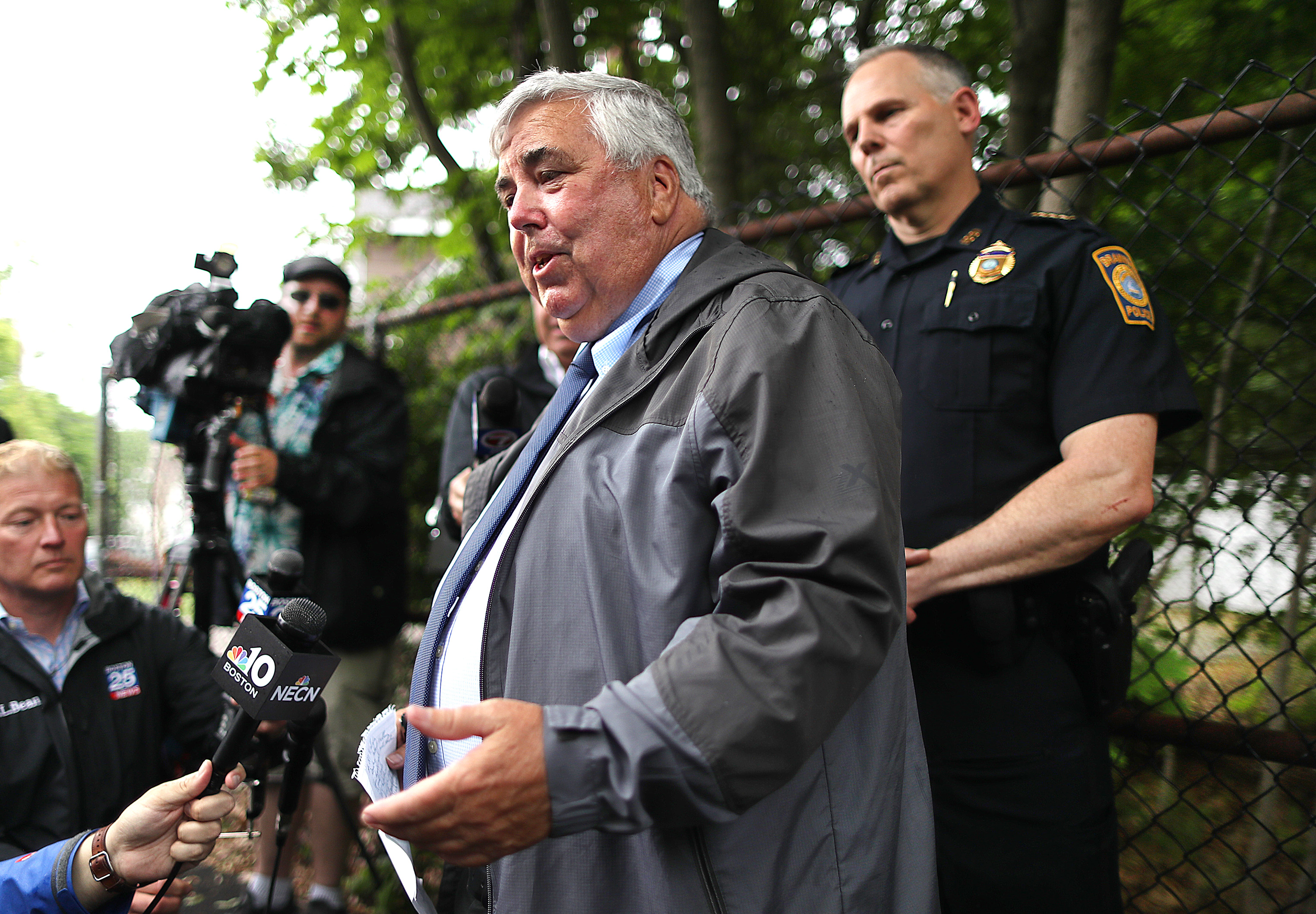 Norfolk County DA Michael Morrissey held a solemn media briefing with Braintree Poloice Chief Mark Dubois.