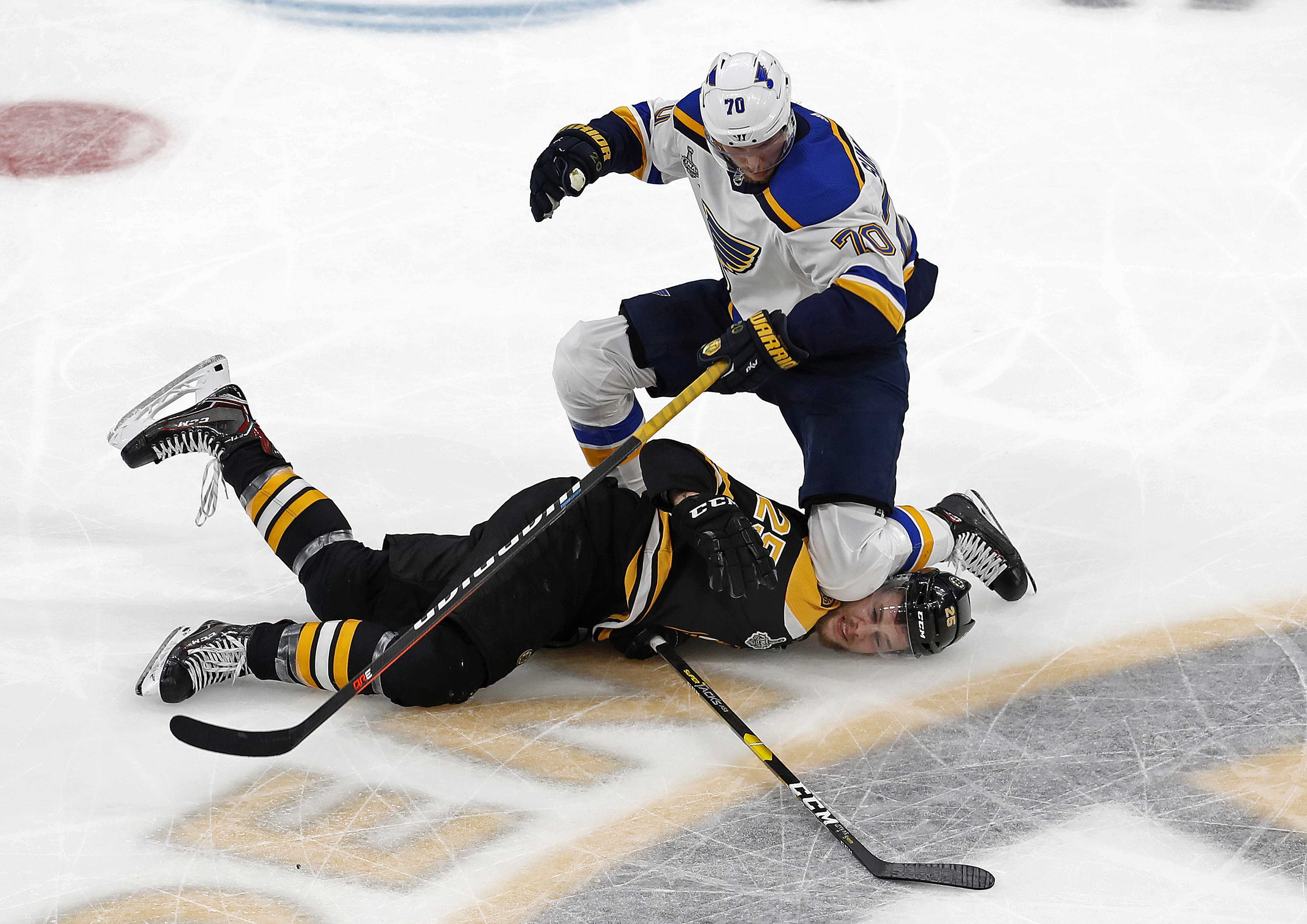 Oskar Sundqvist held down Brandon Carlo after a second-period collision during Game 7 of the Stanley Cup Final in Boston.