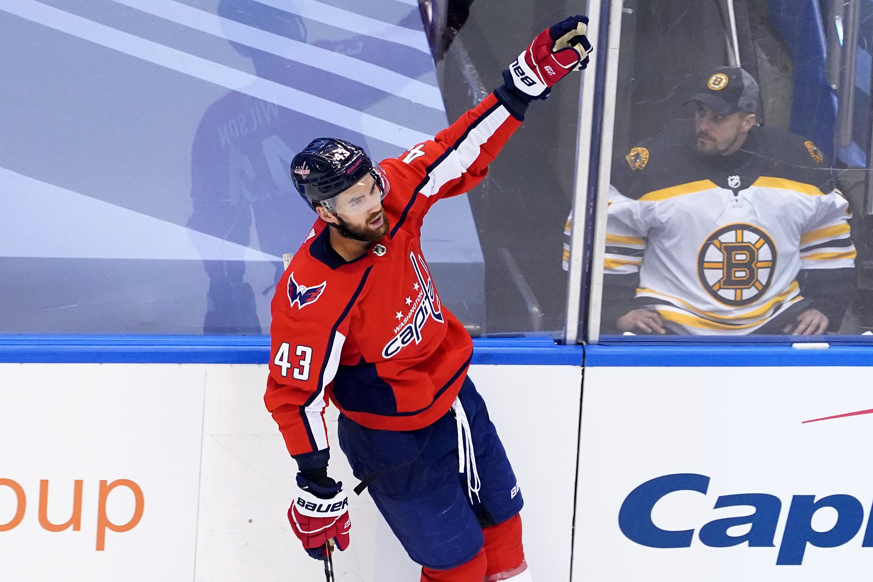 Tom Wilson celebrates after scoring a goal on Tuukka Rask during the third period of Sunday's contest.