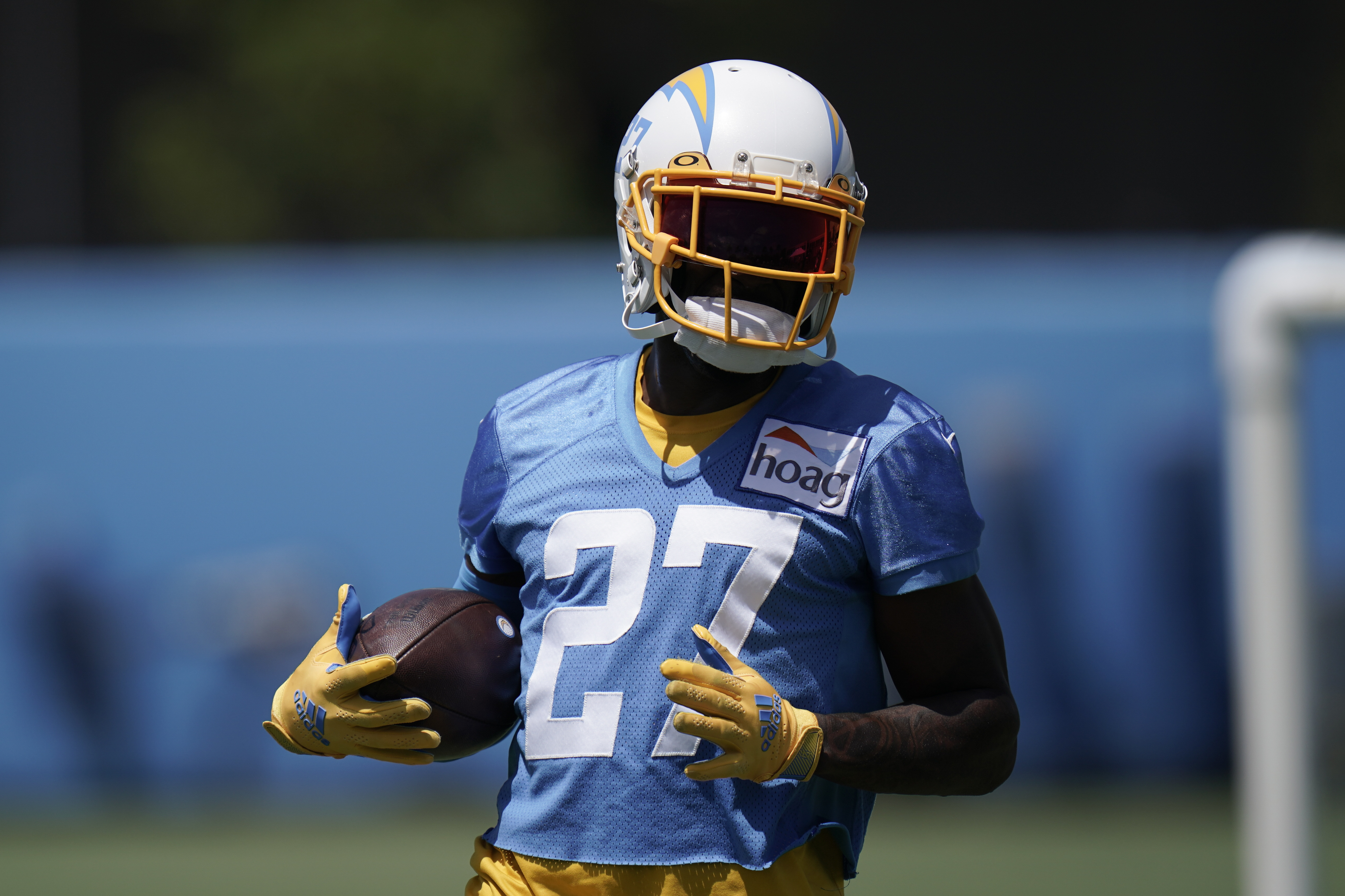 J.C. Jackson on Chargers' practice field doing individual drills