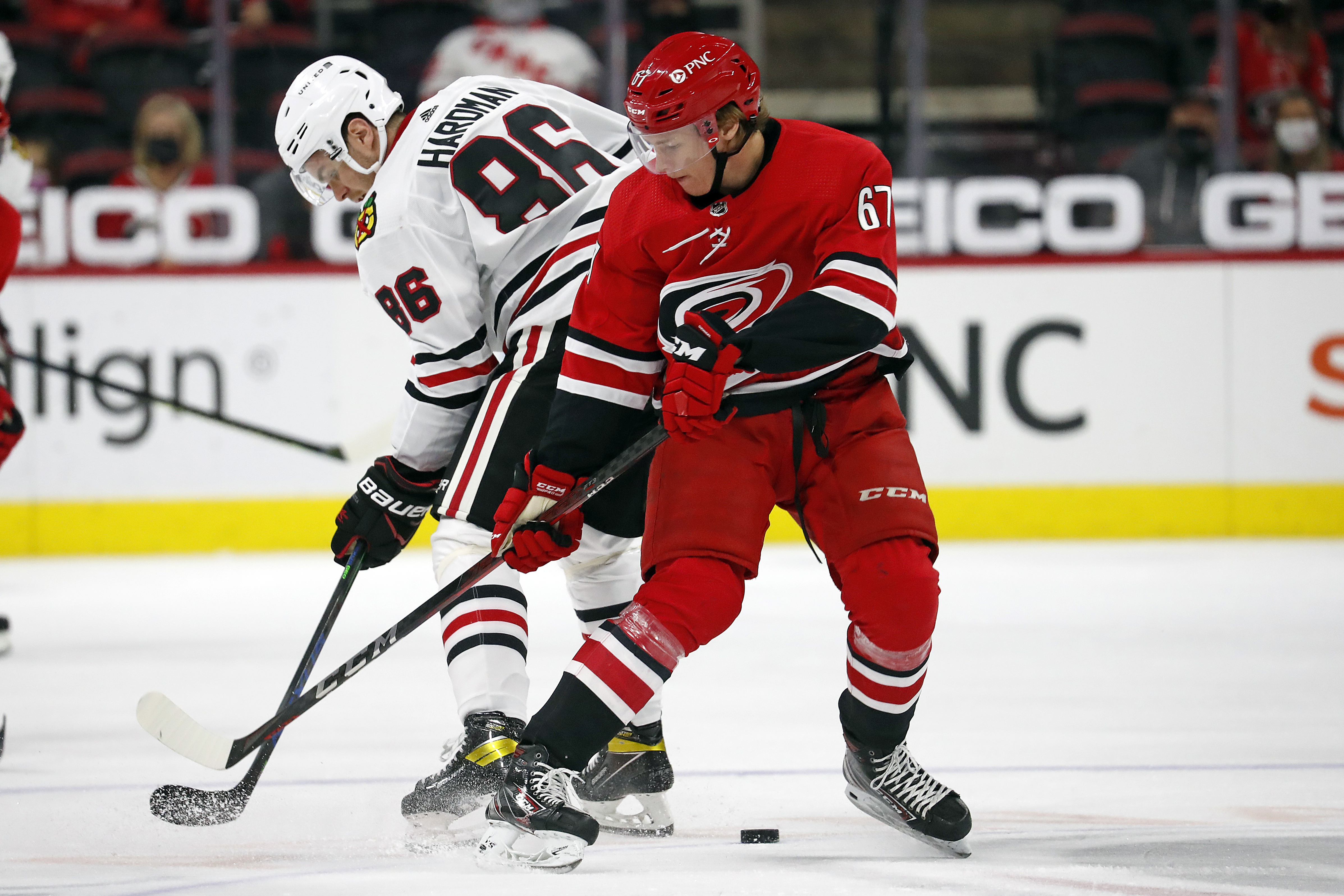 Hurricanes forward Morgan Geekie set up a nifty goal against the Blackhawks on Tuesday.