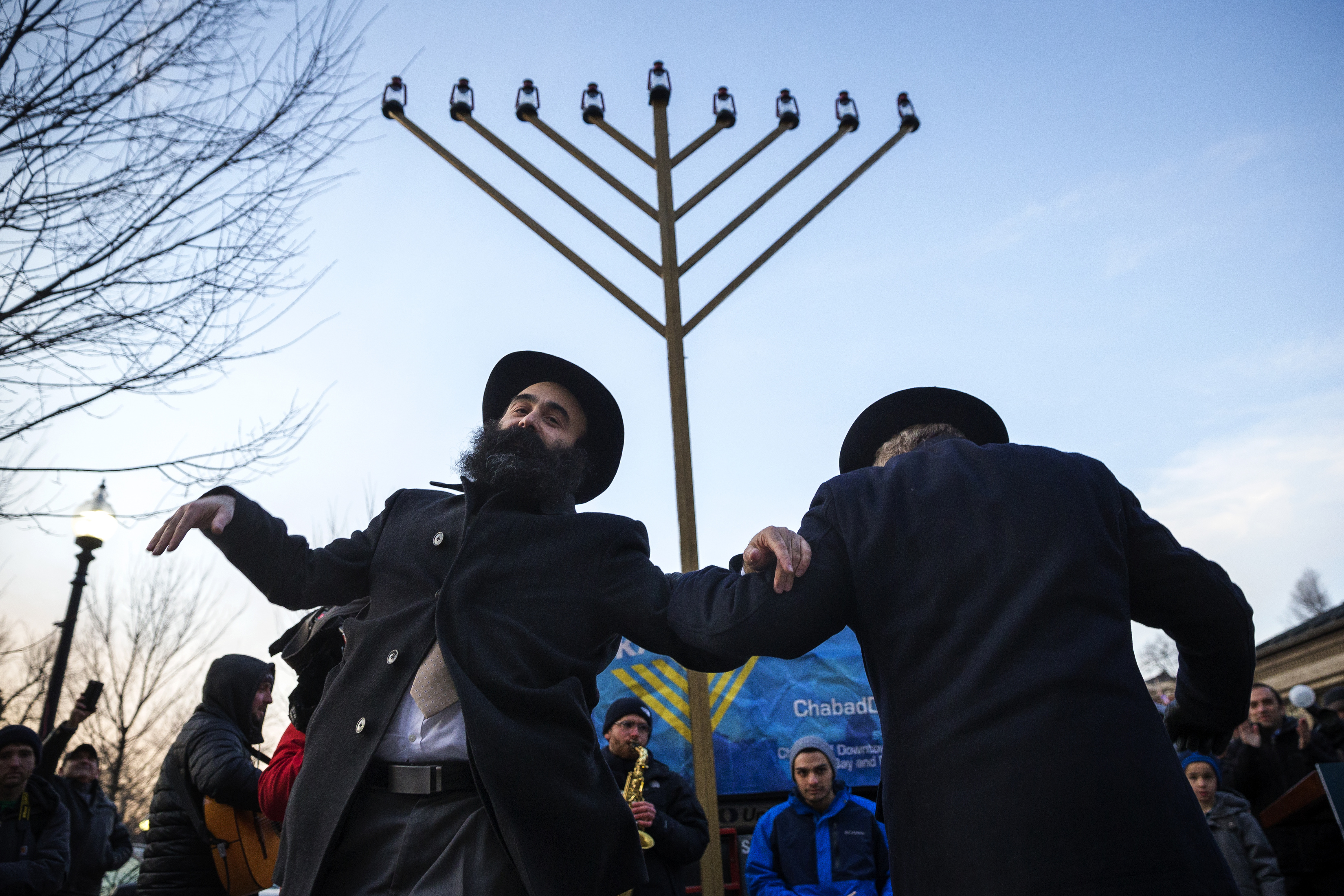 Rabbis Yosef Zaklos, left, and Chaim Prus danced the Hora during the 36th annual lighting of the menorah at the Boston Common on Dec. 22.