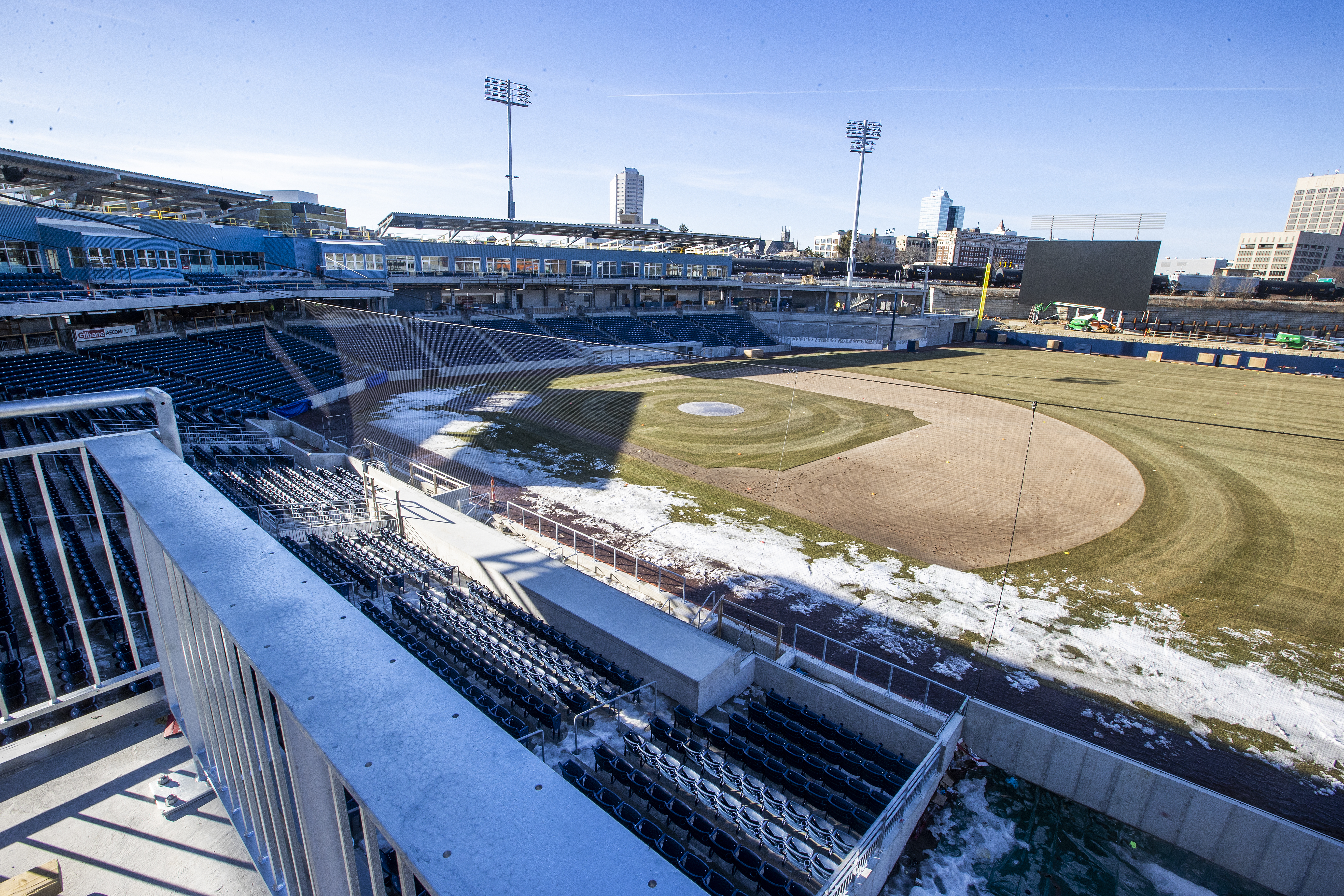 There was still snow at Polar Park in early March as construction continued.