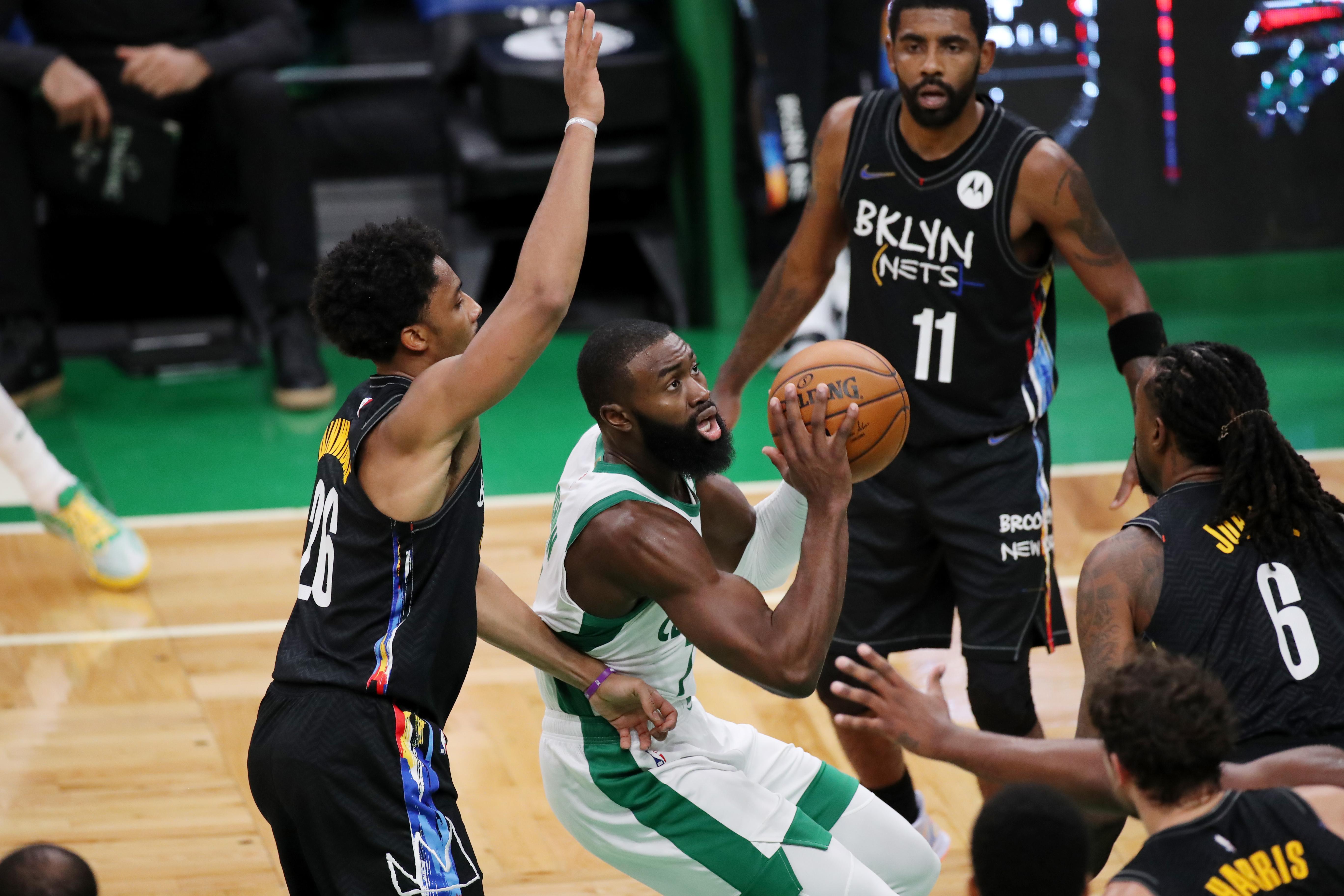 Jaylen Brown drives to the net. Brown led the Celtics with 27 points, but he needed more scoring help to pull out the win.