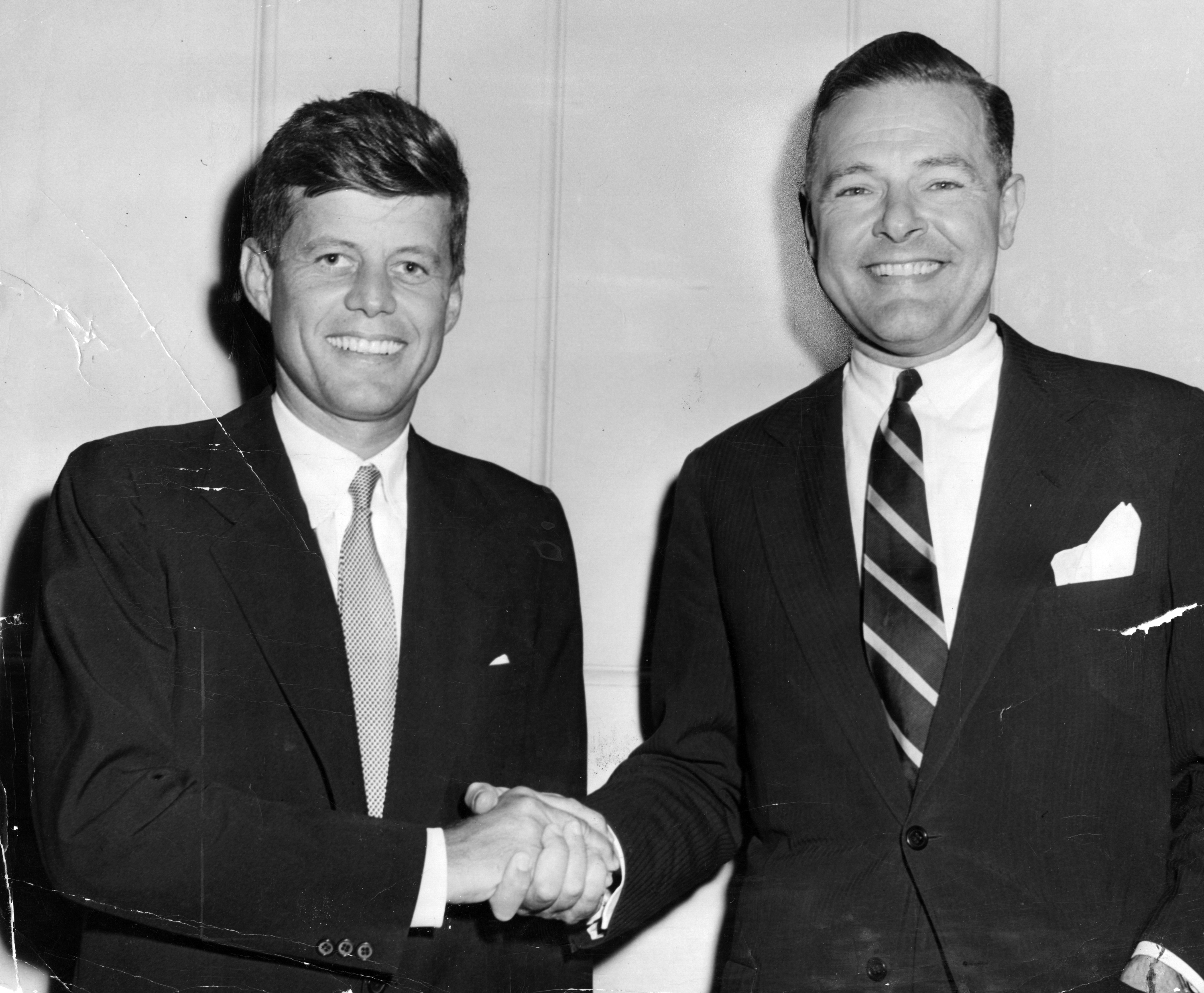 Congressman John F. Kennedy (left) and Senator Henry Cabot Lodge before the start of their debate in Waltham. Kennedy ousted the incumbent Lodge to become senator.