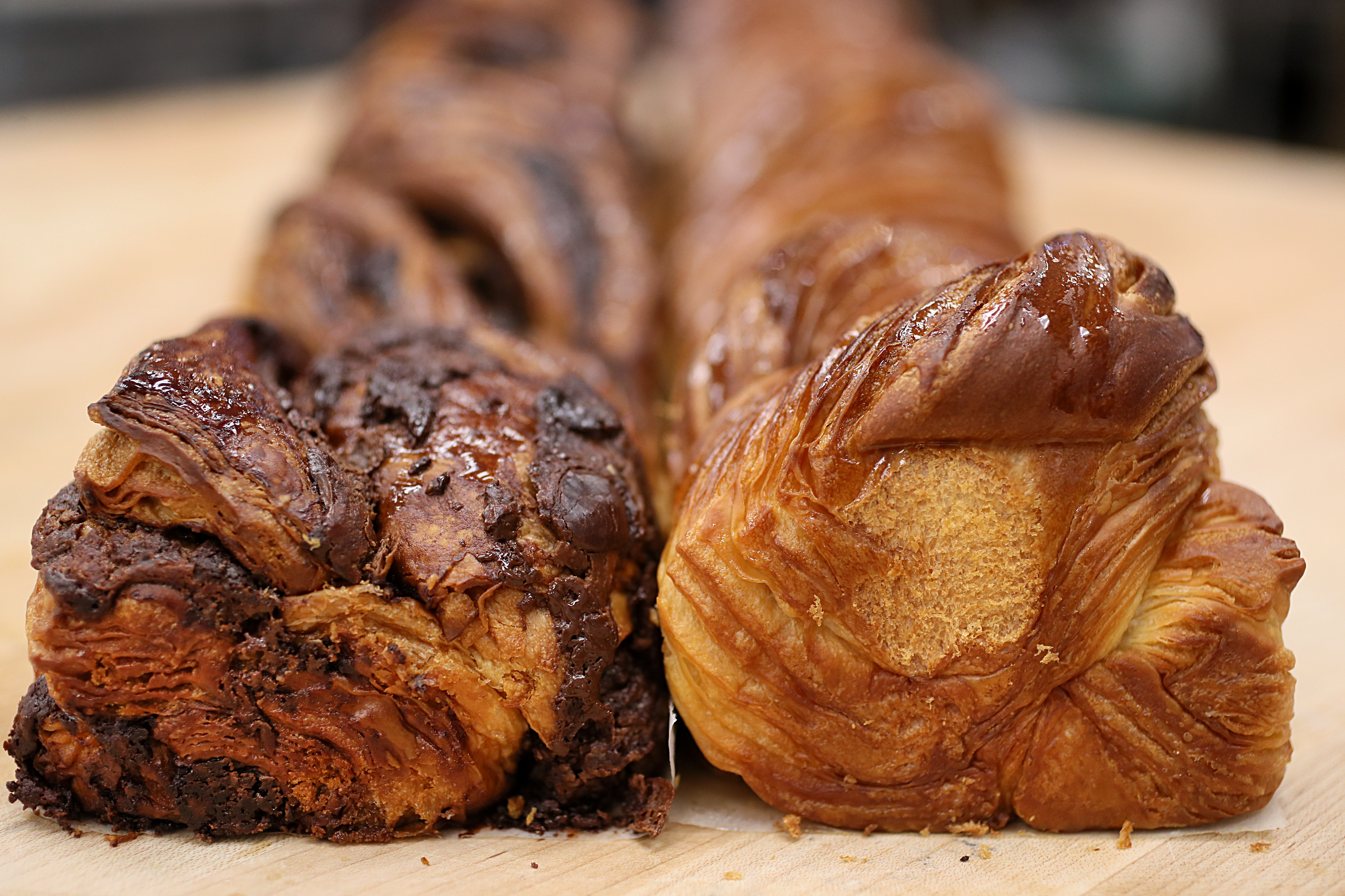 The chocolate babka (left) and the breassant (bread and croissant combo).