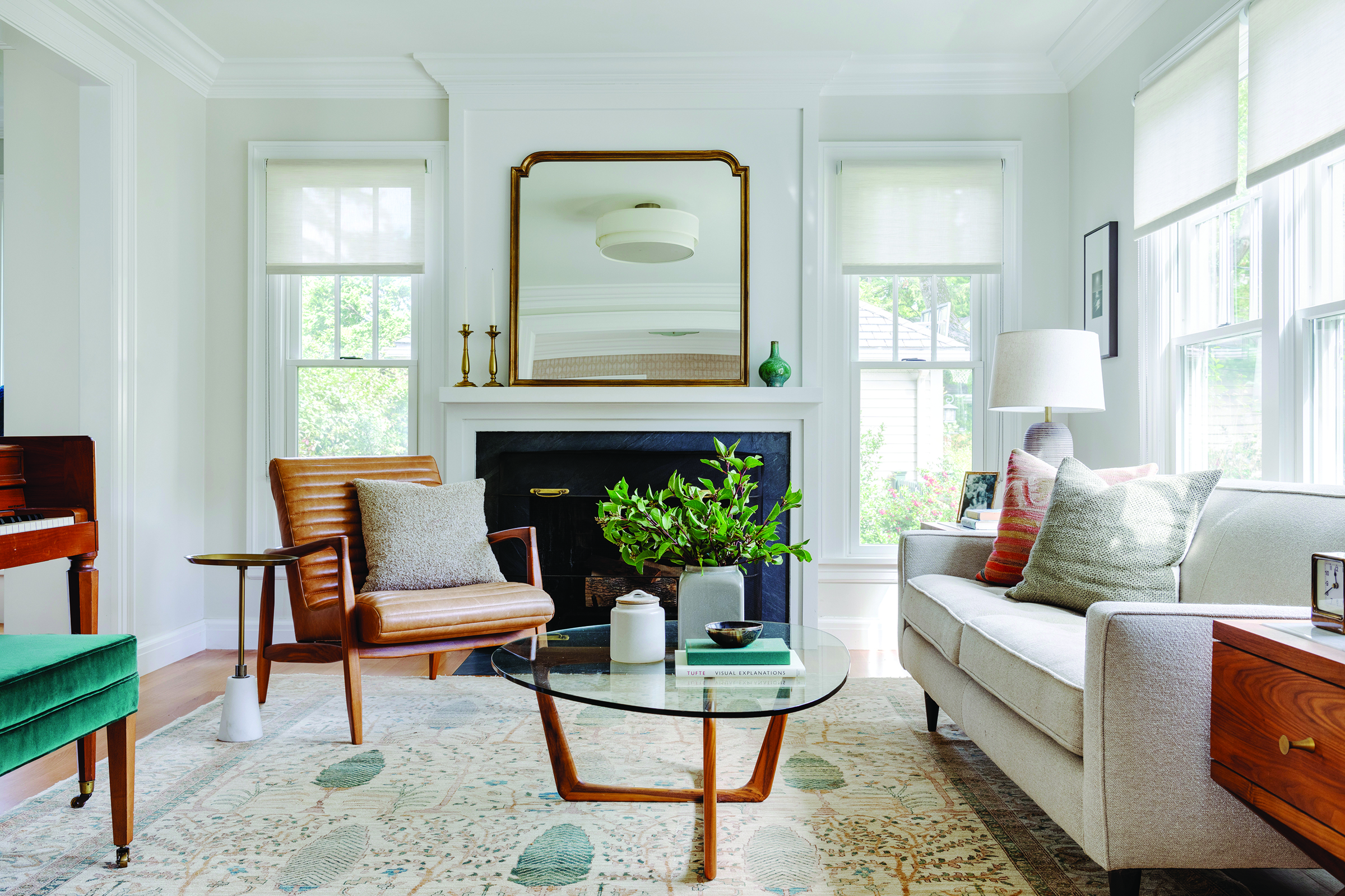 Condo design: living room with leopard sofa and bright patterns