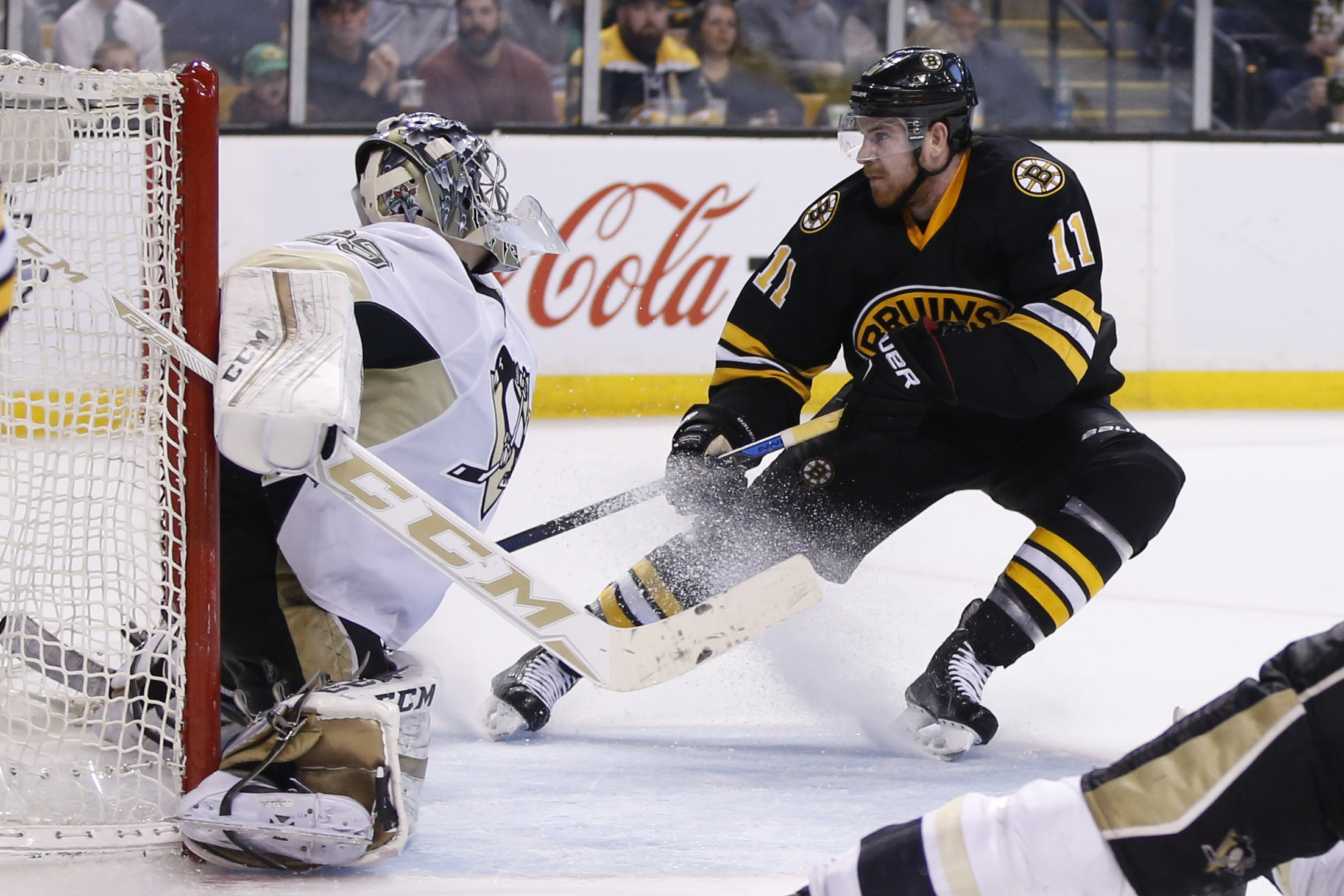 Jimmy Hayes scores against Pittsburgh's Marc-Andre Fleury in a 2016 game at TD Garden.
