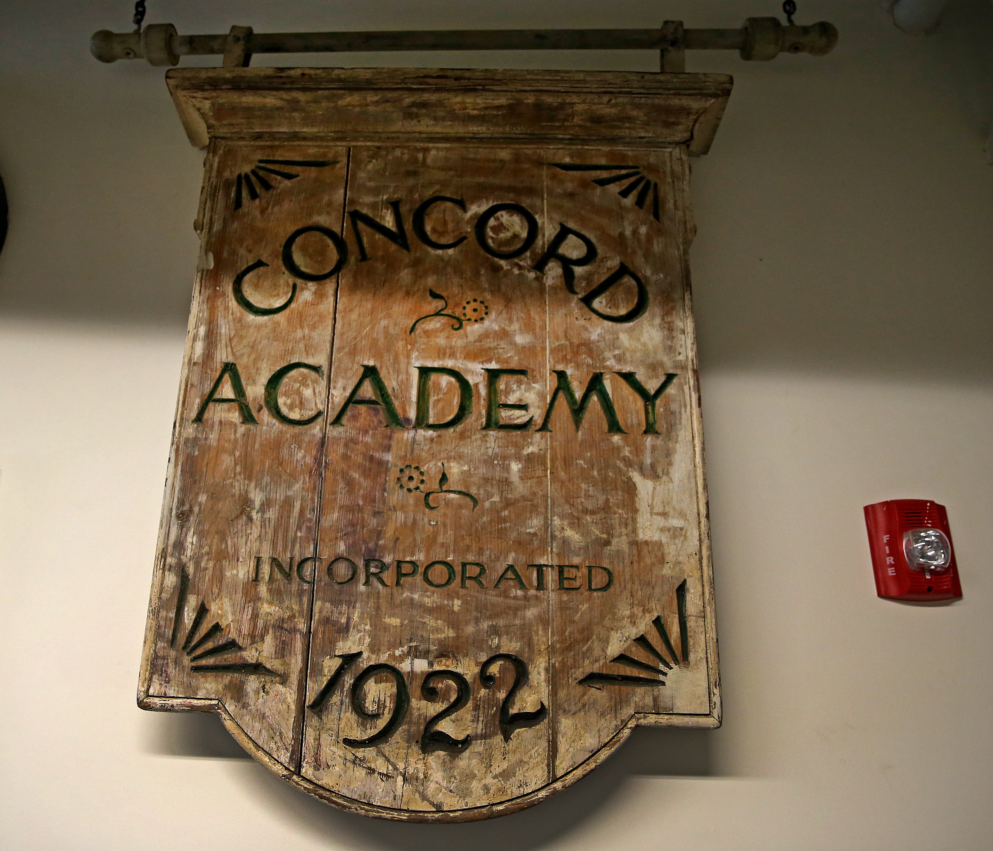 The weather-beaten sign for Concord Academy has since been replaced with a new sign.