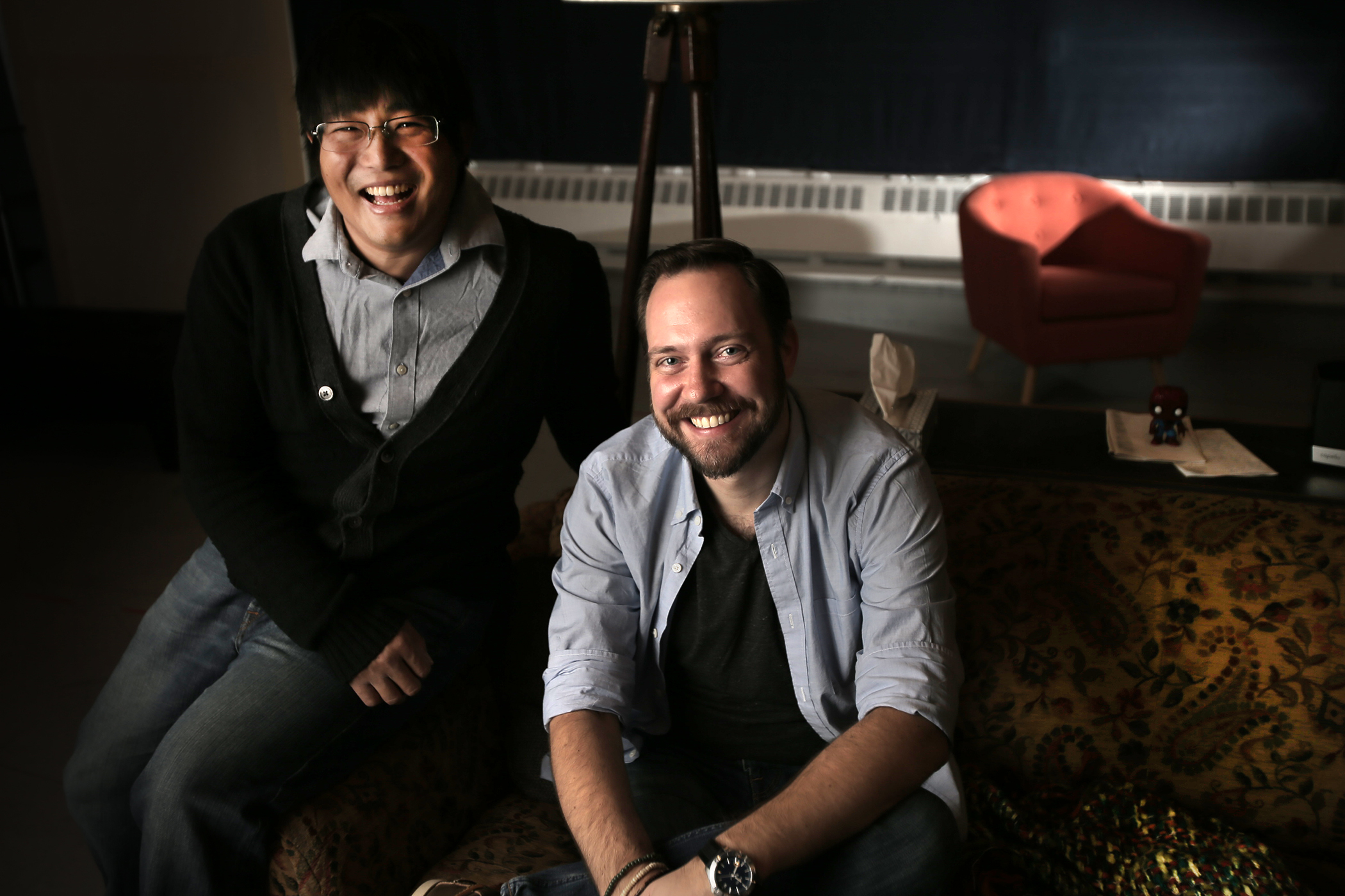 "Teenage Dick" director Moritz von Stuelpnagel (seated) and playwright Mike Lew, shown in 2016, previously collaborated on "Tiger Style!" at the Huntington Theatre Company.