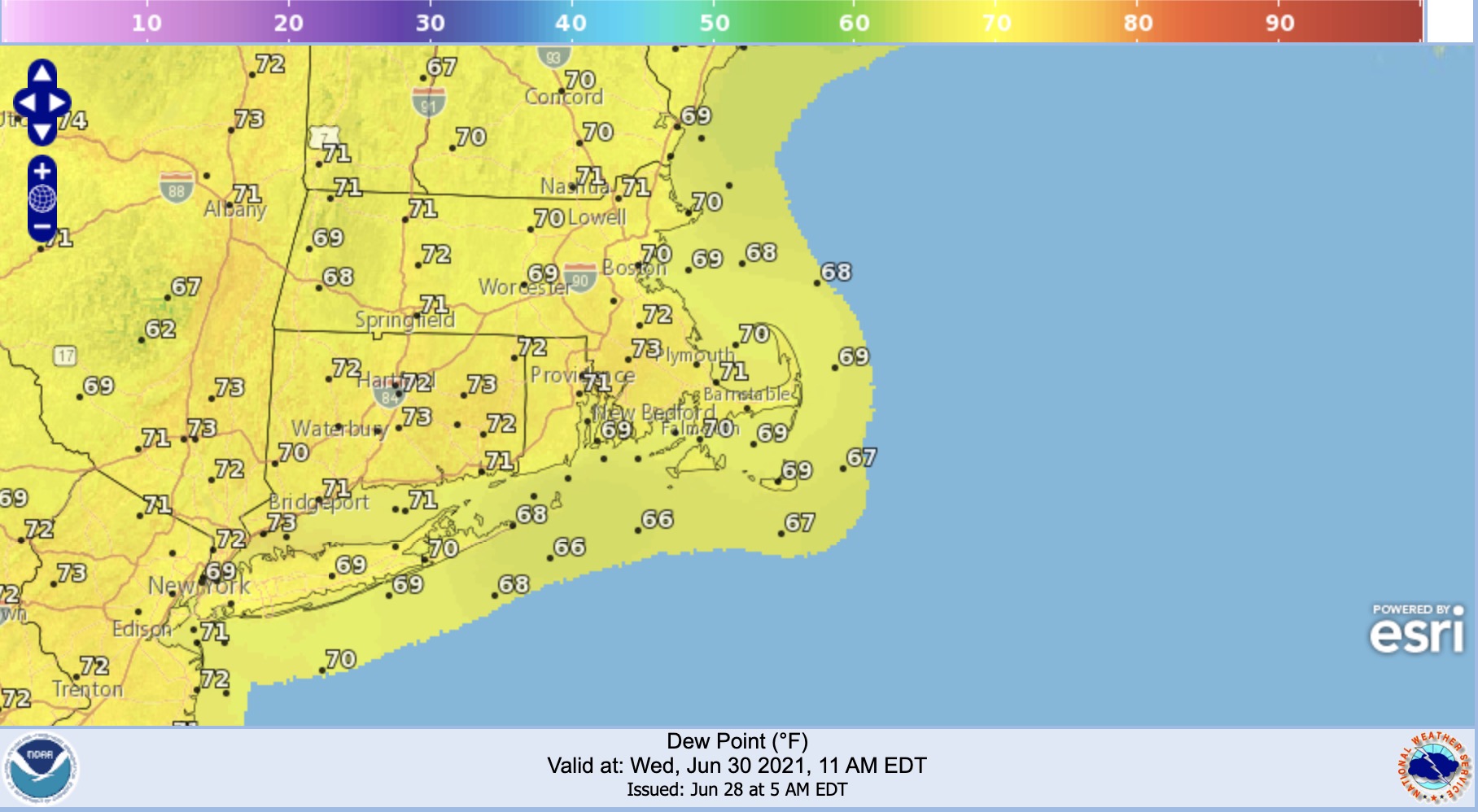 The dew points expected throughout the region on Wednesday.