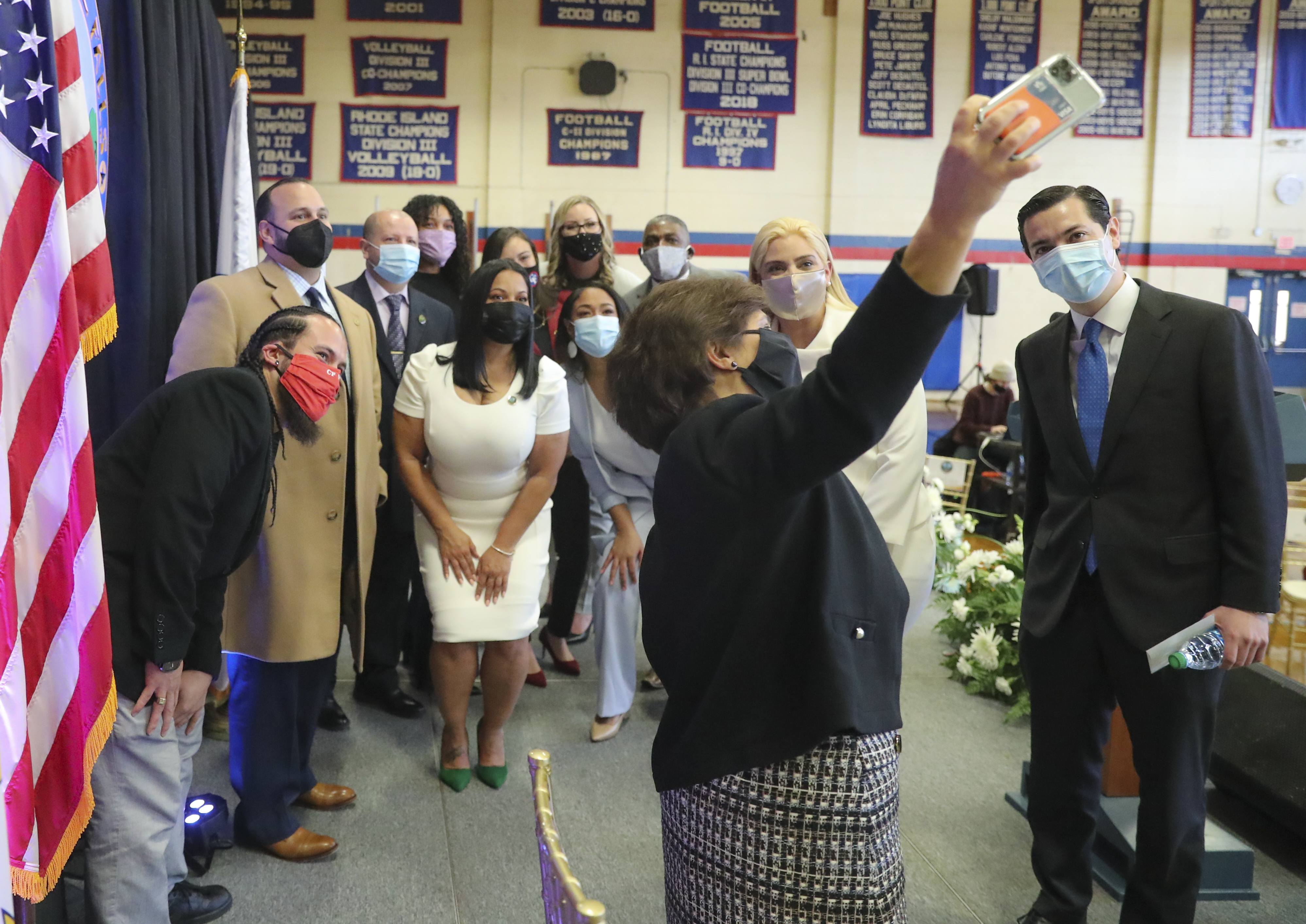 Secretary of State Nellie Gorbea takes a selfie group shot with newly sworn-in Mayor Maria Rivera and City Councilors after their virtual Inauguration ceremony at Central Falls High School.