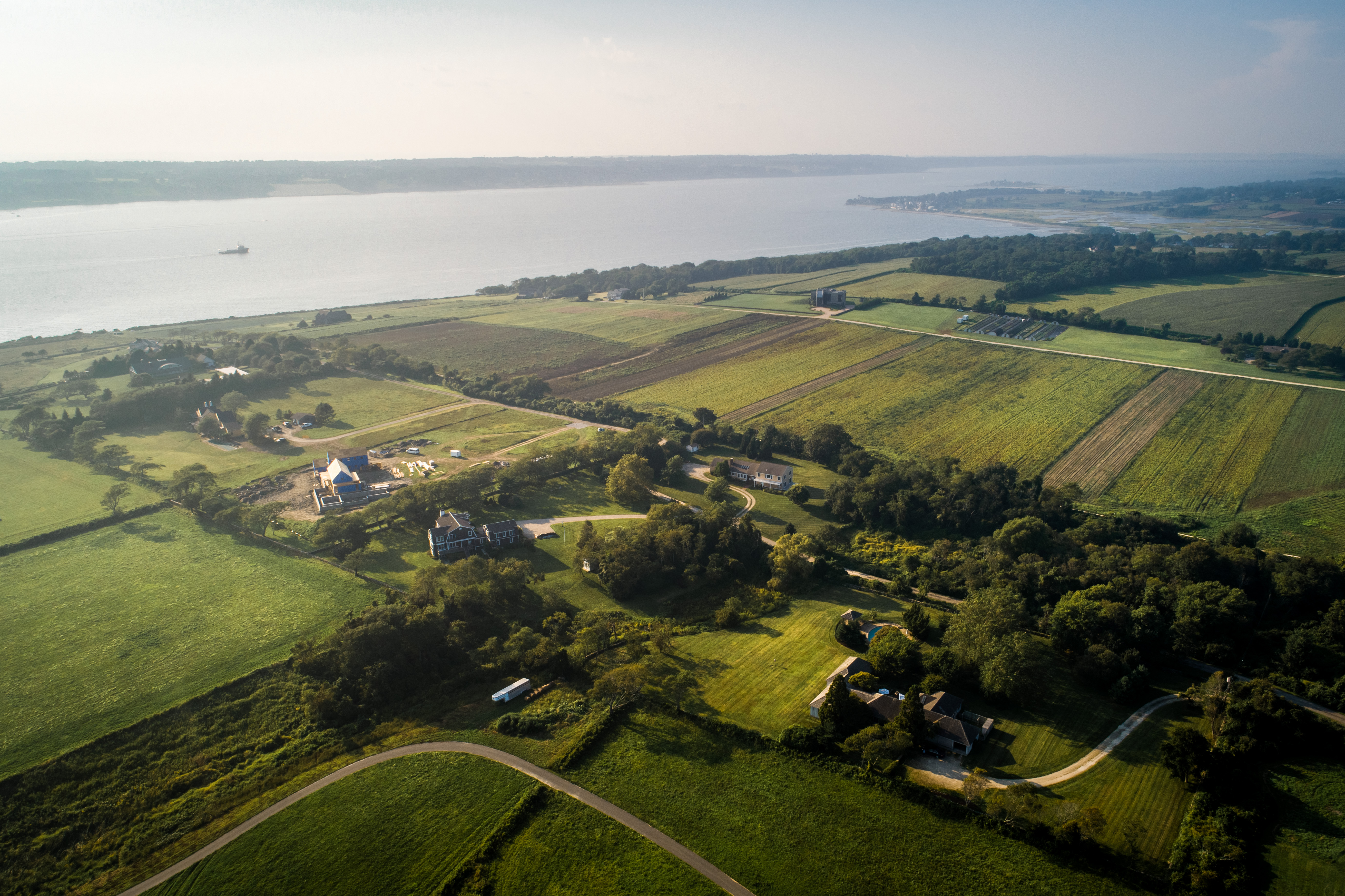 Farms and homes along Route 77 in Little Compton, Rhode Island.