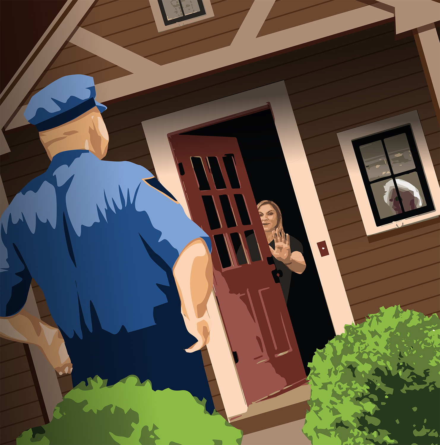 Illustration of Detective Slavin visiting Vera Pratt's home, and Pratt's psychic adviser at the door.