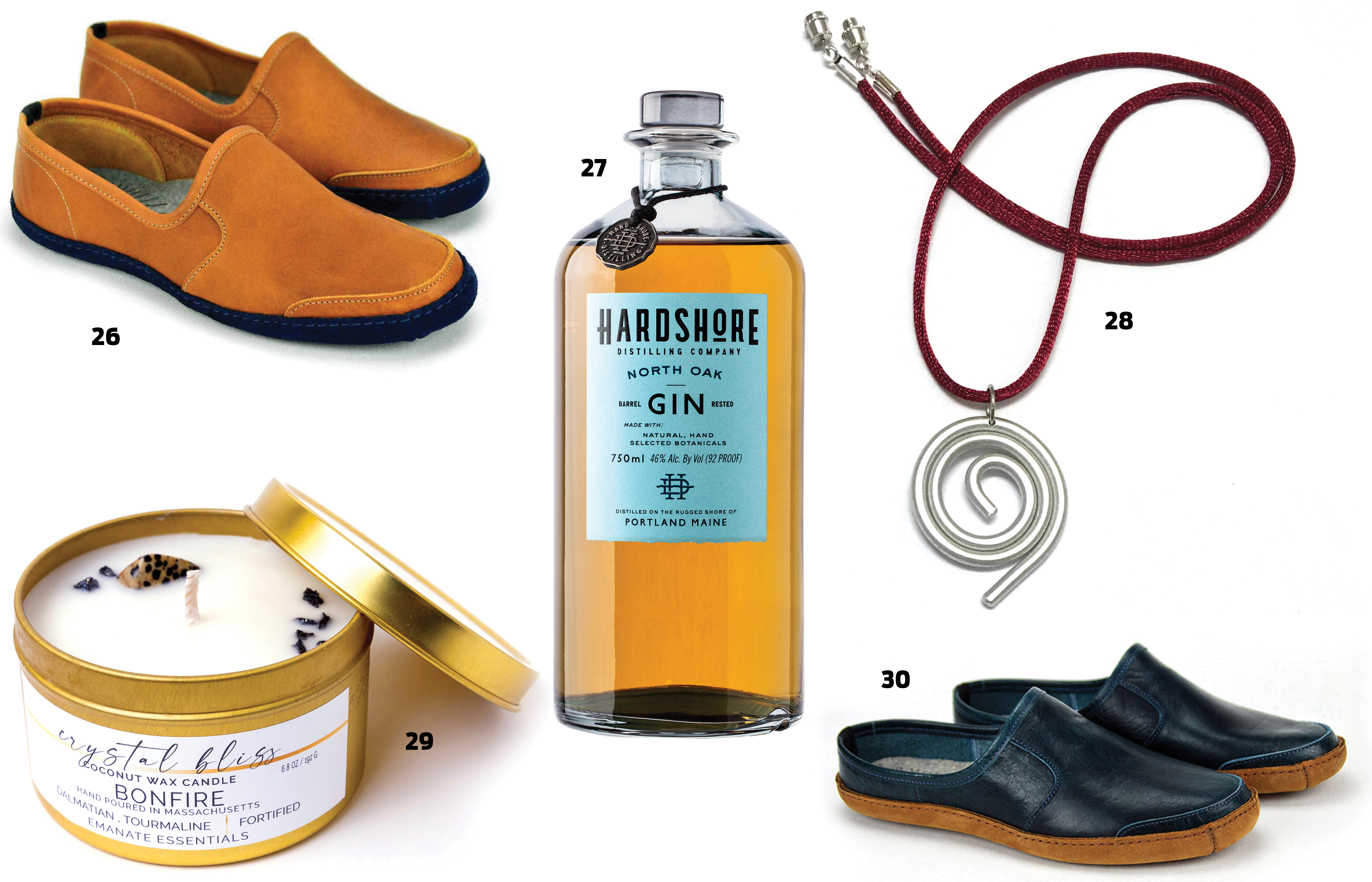 Composite image of gift ideas 26 through 30: Bonfire candle; North Oak Barrel Rested Gin; necklace by Hiroshi Minato; Vermont House Shoes.
