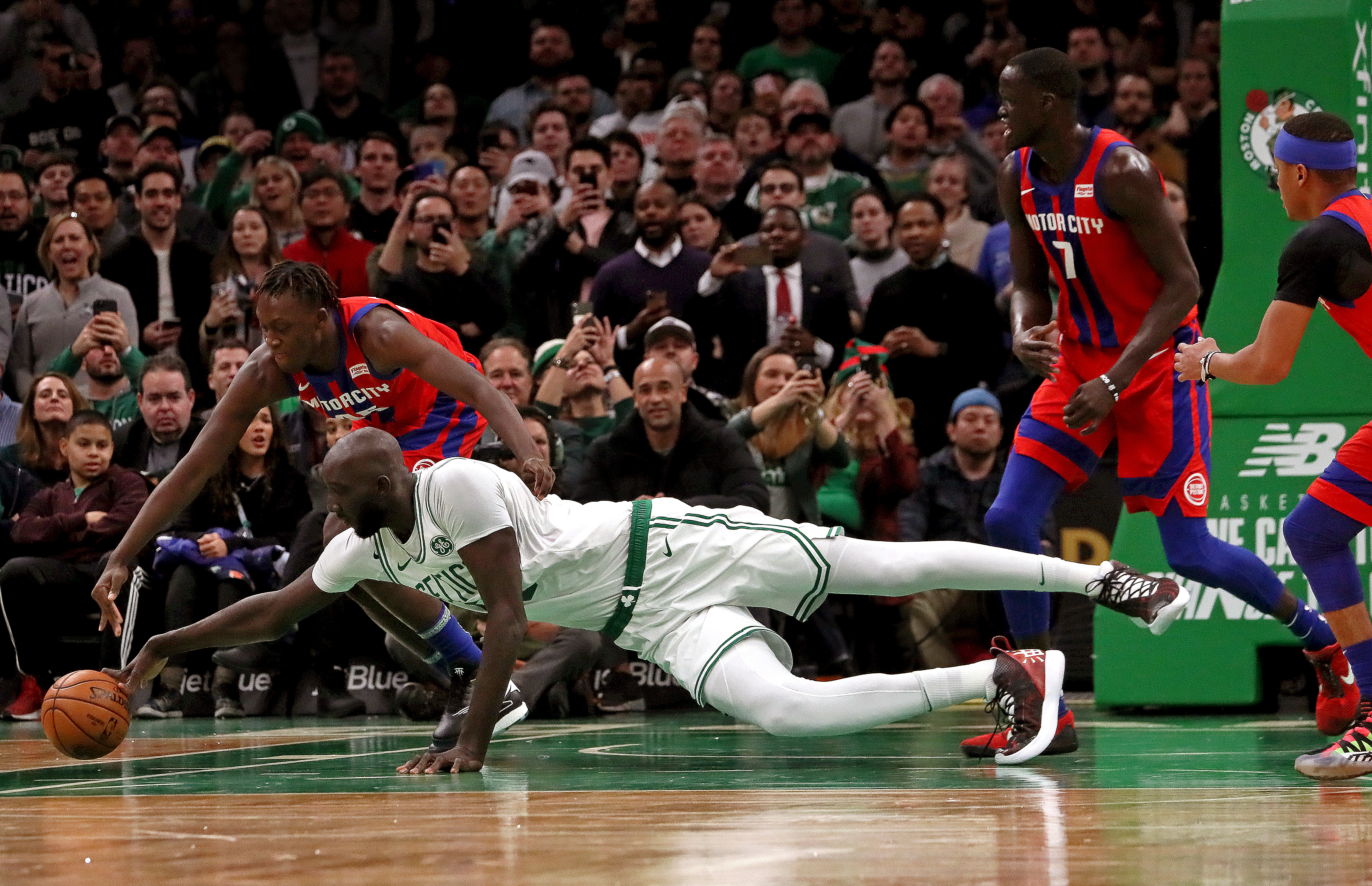 Tacko Fall stretched out to dive for a loose ball in the fourth quarter of the Celtics’ 114-93 win over the Detroit Pistons at TD Garden on Dec. 20.