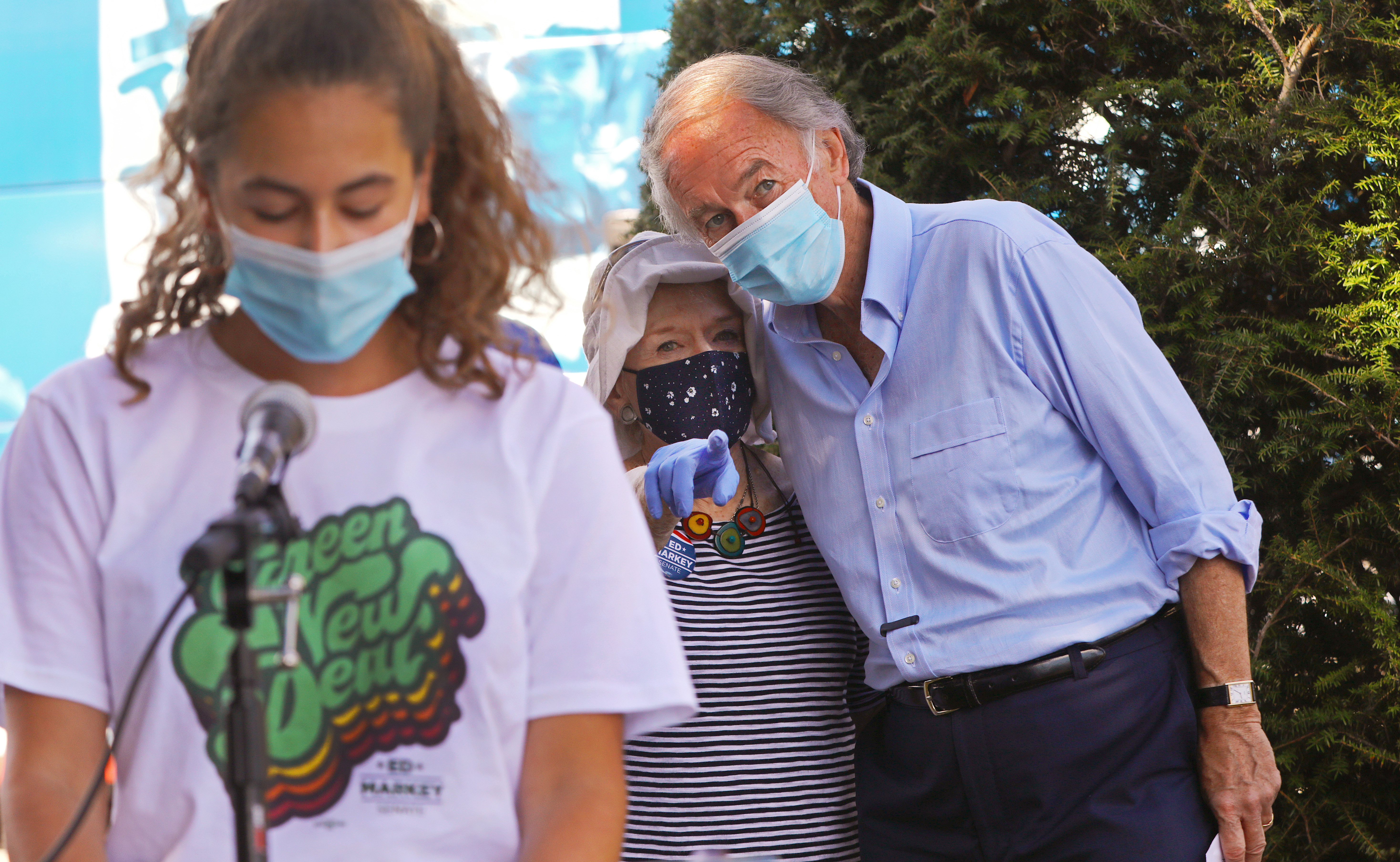 "Newton for Ed" volunteer coordinator Martina Jackson chatted with Senator Ed Markey while he was being introduced by 16-year-old Newton North High School student Ruby Bakal. Markey and Joe Kennedy III campaigned around the state on Sunday, ahead of primary day on Sept. 1.