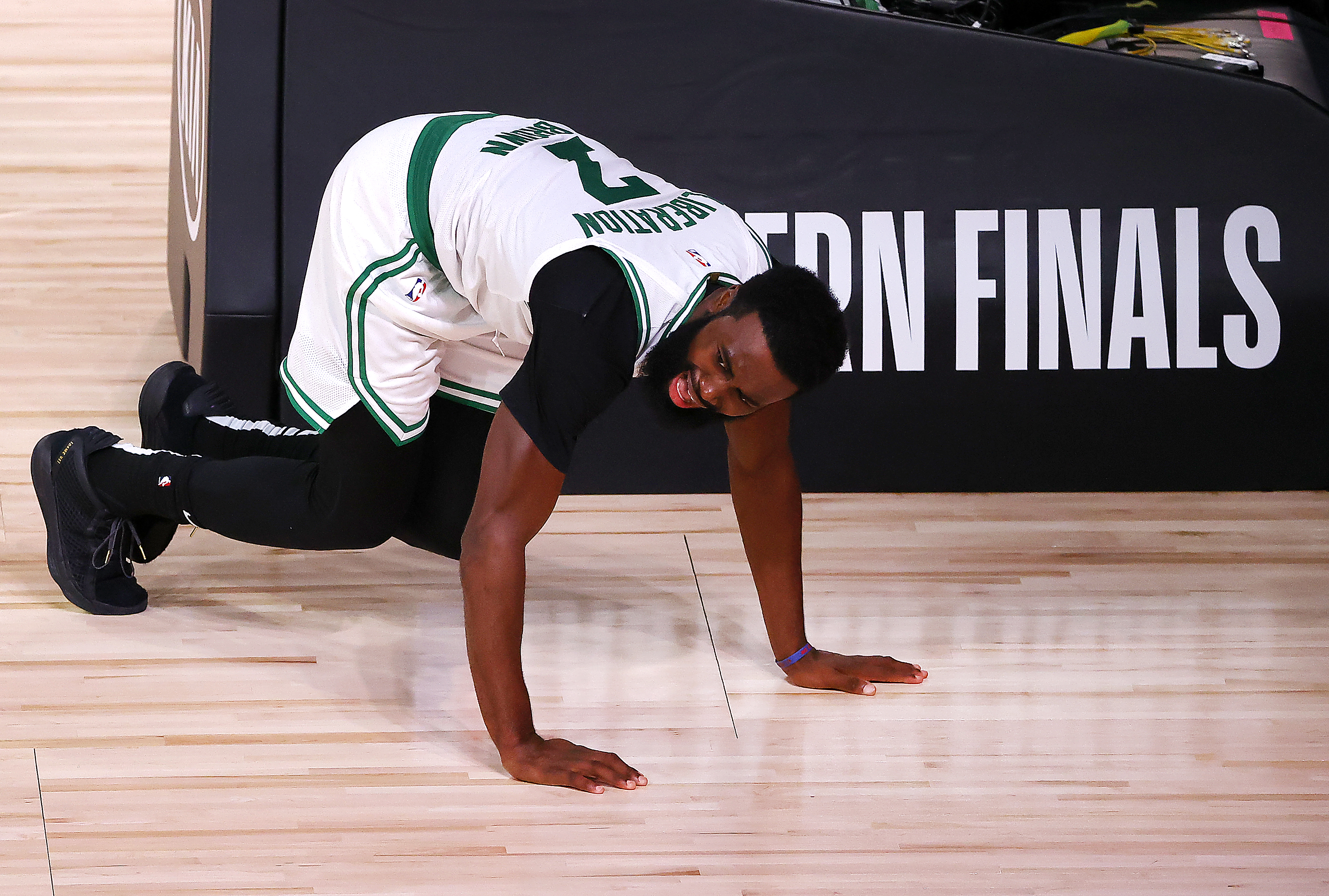 The Celtics got a brief scare early in the fourth quarter when Jaylen Brown injured his foot on a breakaway layup, but he remained in the game.