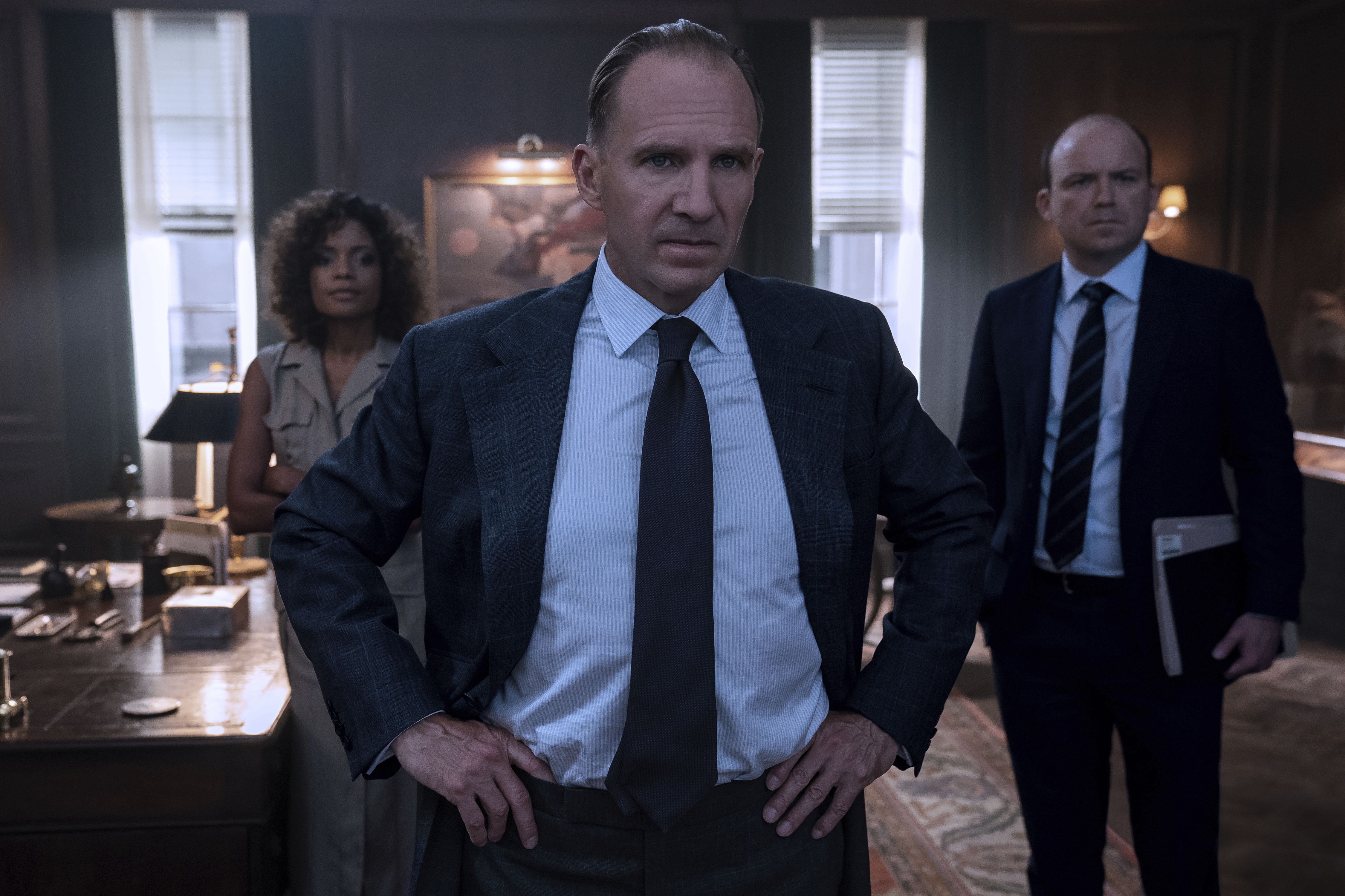 From left: Naomie Harris, Ralph Fiennes, and Rory Kinnear in "No Time To Die."