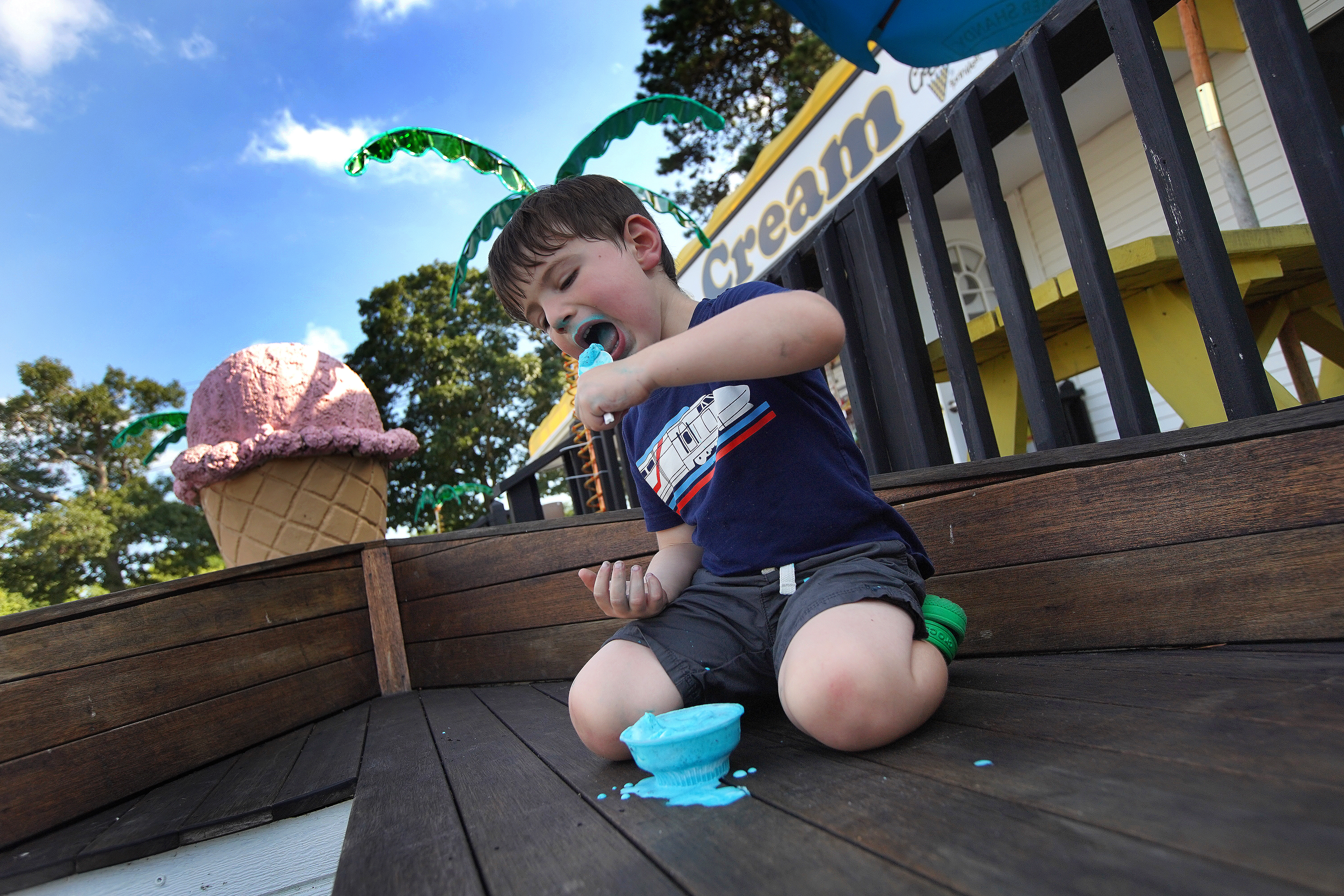 Four-year-old Nate Stein of New York, N.Y., dug into an ice cream treat at Ice Cream by Sprinkles in South Yarmouth.