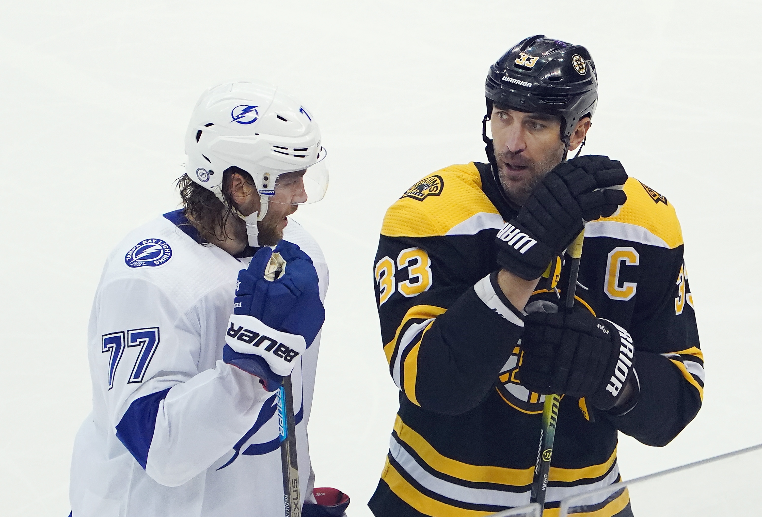 Tampa's Victor Hedman chats with Zdeno Chara during a recent game. Chara spoke on the social unrest Thursday.