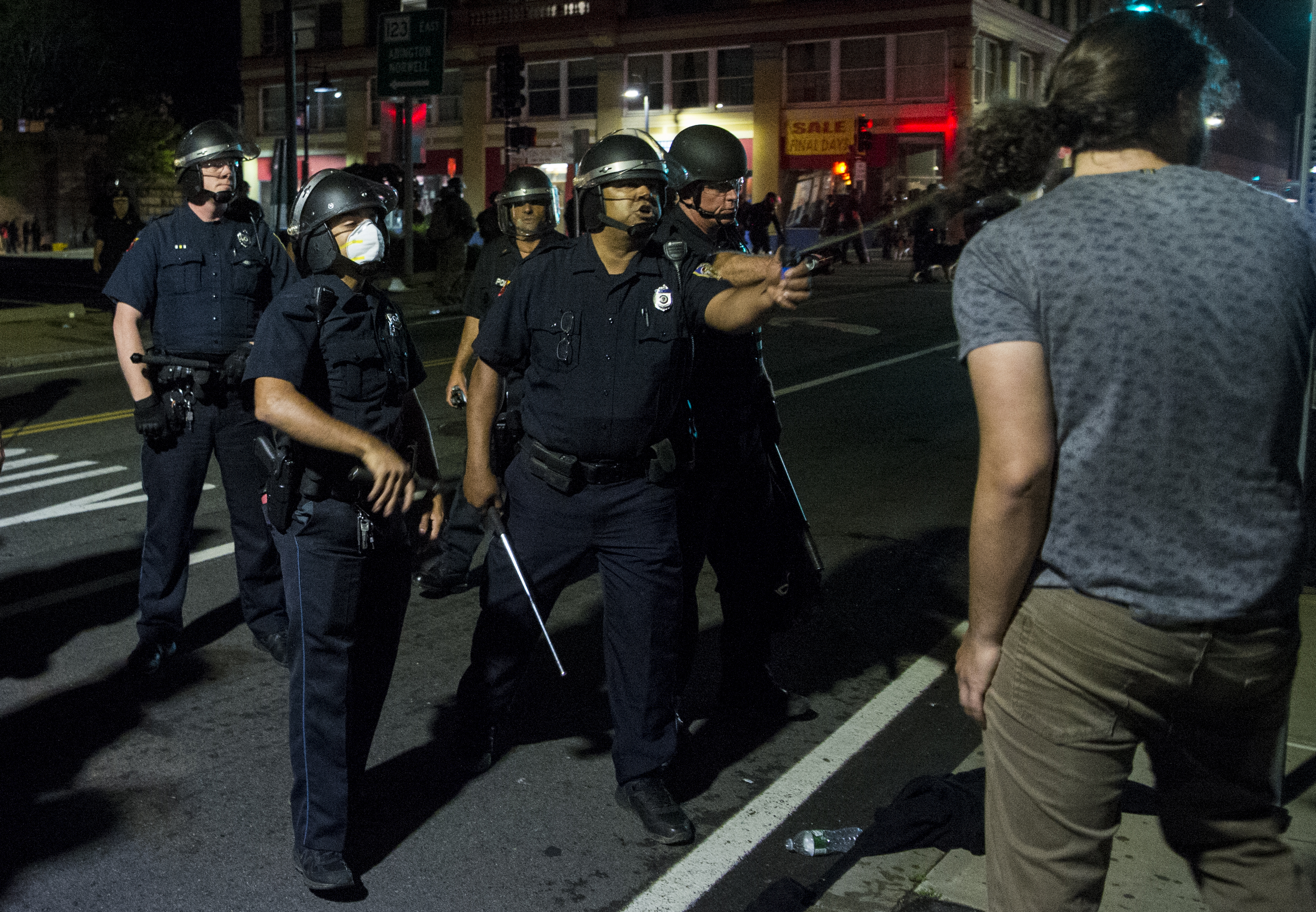 A Brockton Police Officer pepper sprayed a protester for refusing to back up.