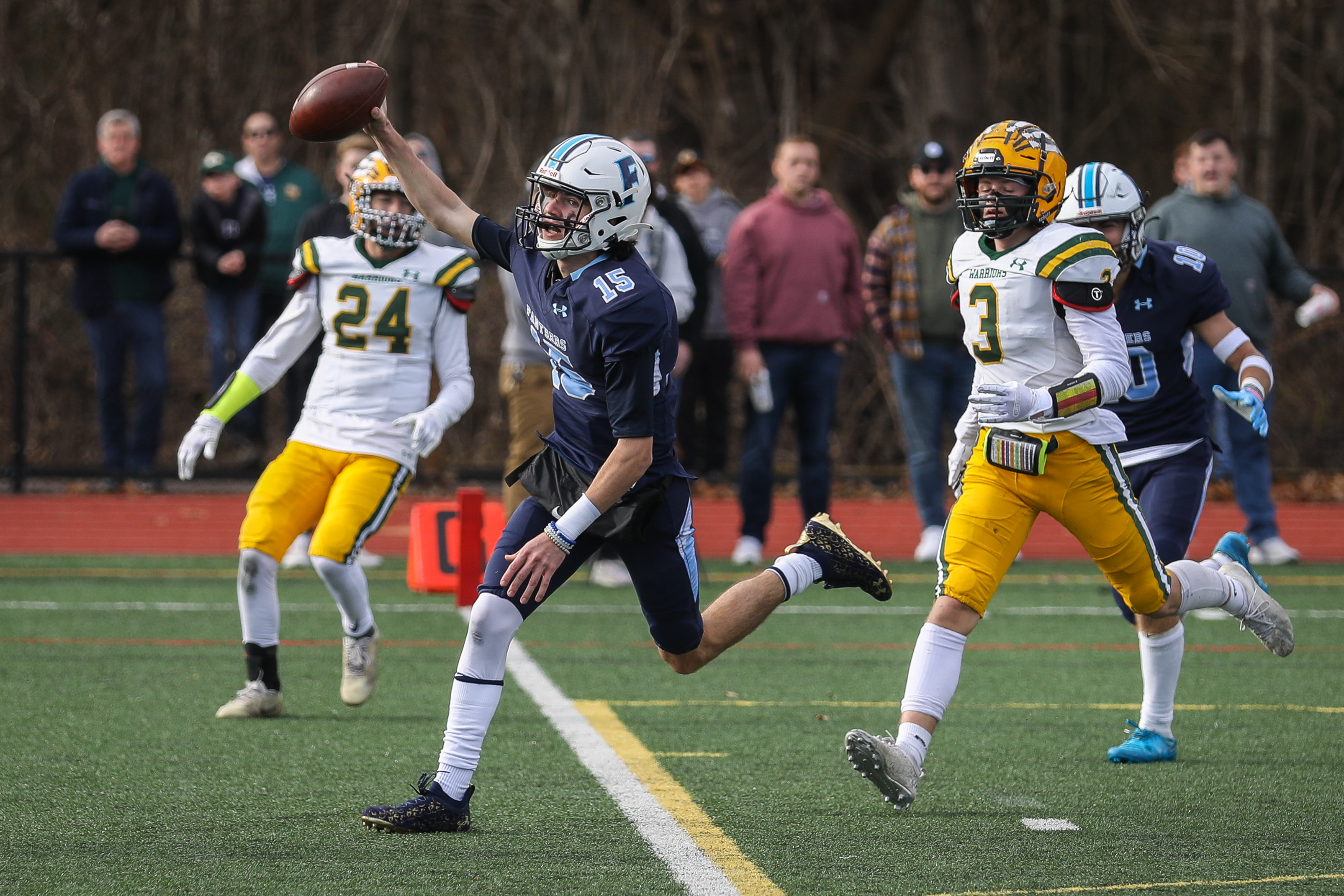 Franklin senior quarterback Jared Arone (15) celebrates after his conversion rush in the third quarter against King Philip.