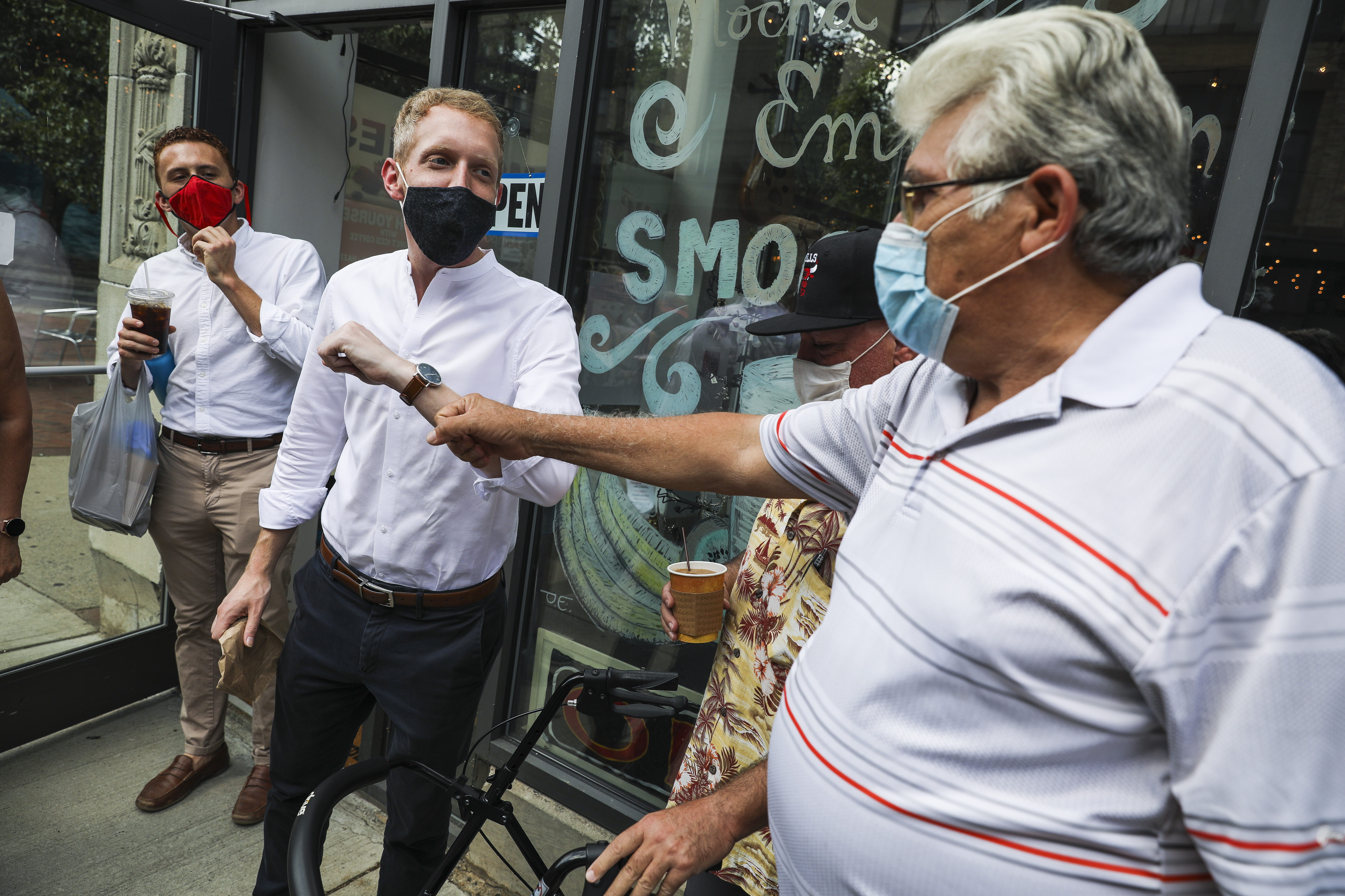 Mayor Alex Morse of Holyoke greeted community members as he tours downtown Springfield.