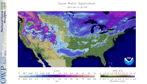 Snow cover in the US as of early Monday.