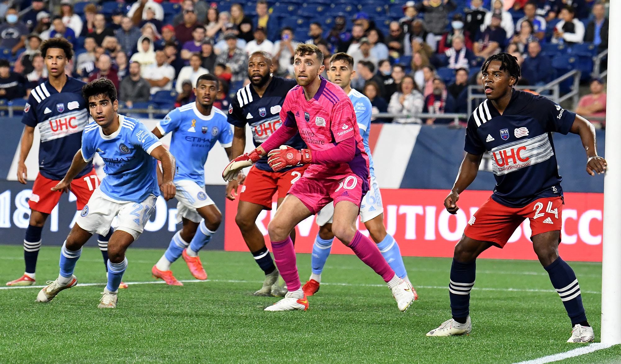 Matt Turner (center) and the Revolution trailed 11 minutes in on Saturday, but came back and held on to beat New York City FC at Gillette Stadium.