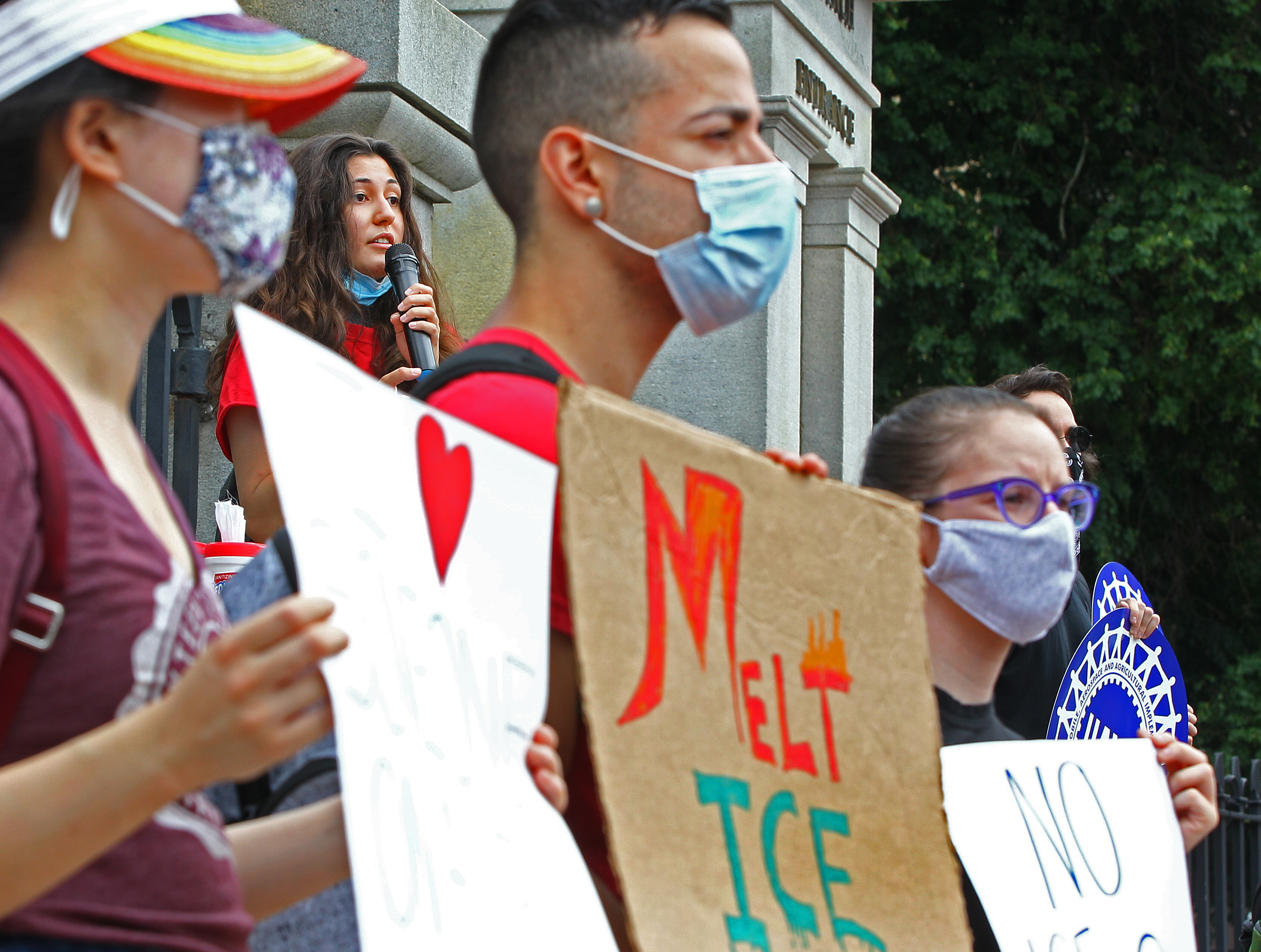 Harvard senior Oya Gursoy, 22, addressed the crowd during a rally at the State House against ICE visa rules that would potentially remove students from the country or prevent others reentry, weeks before fall semester begins.