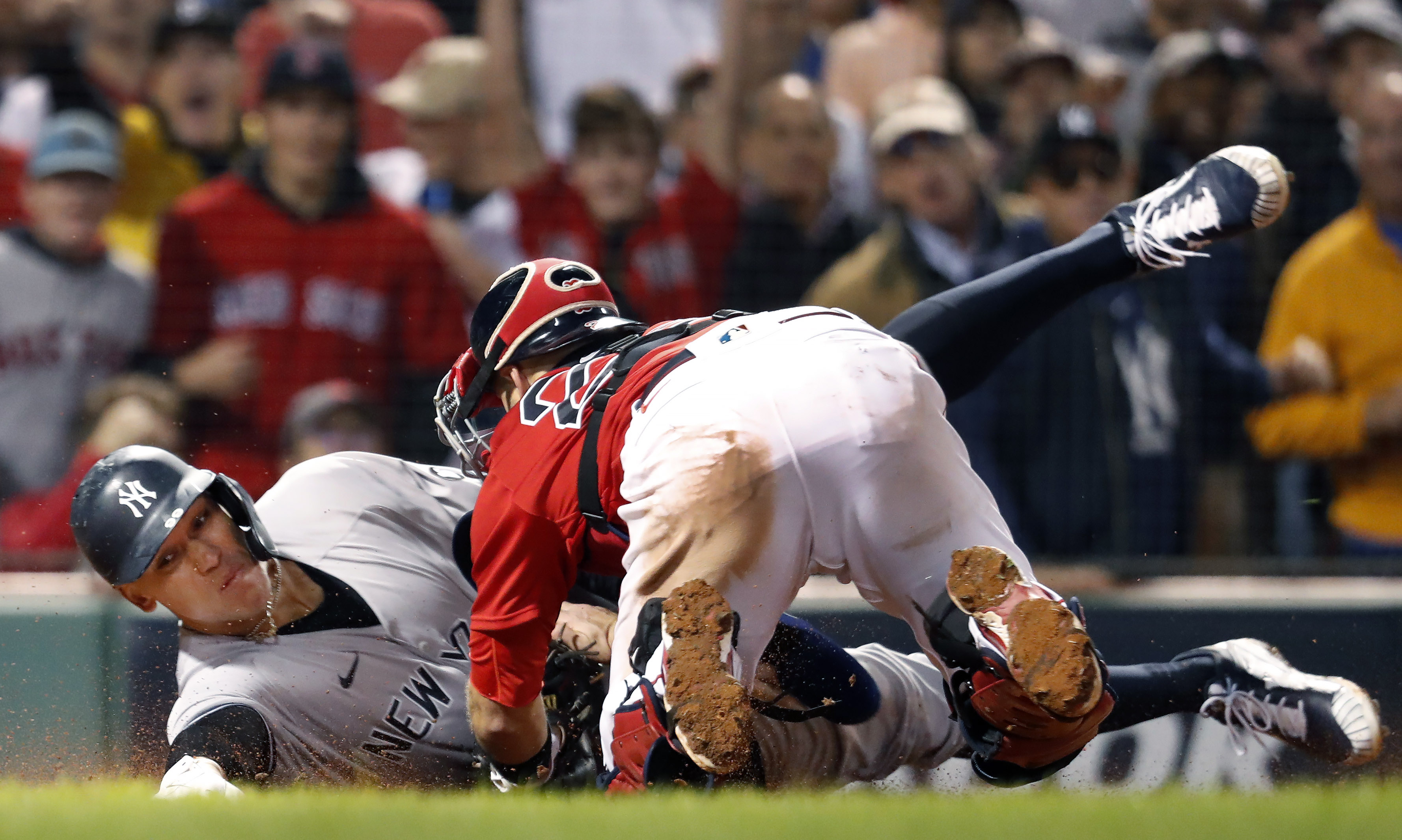 Kevin Plawecki tags Aaron Judge out at the plate in the sixth inning, one of the biggest plays of the game.