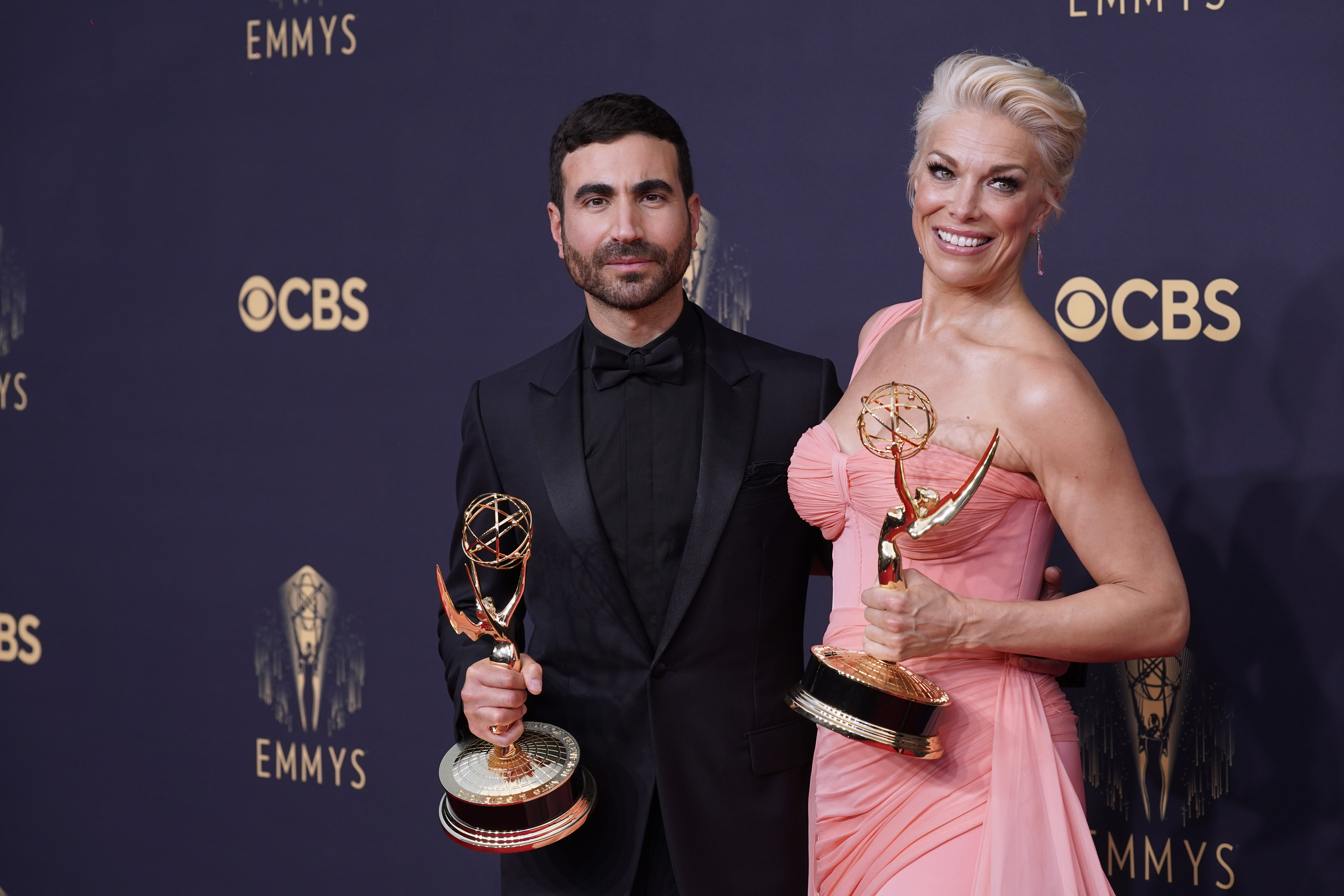 Brett Goldstein, left, and Hannah Waddingham, winners of the awards for outstanding supporting actor and actress in a comedy series.