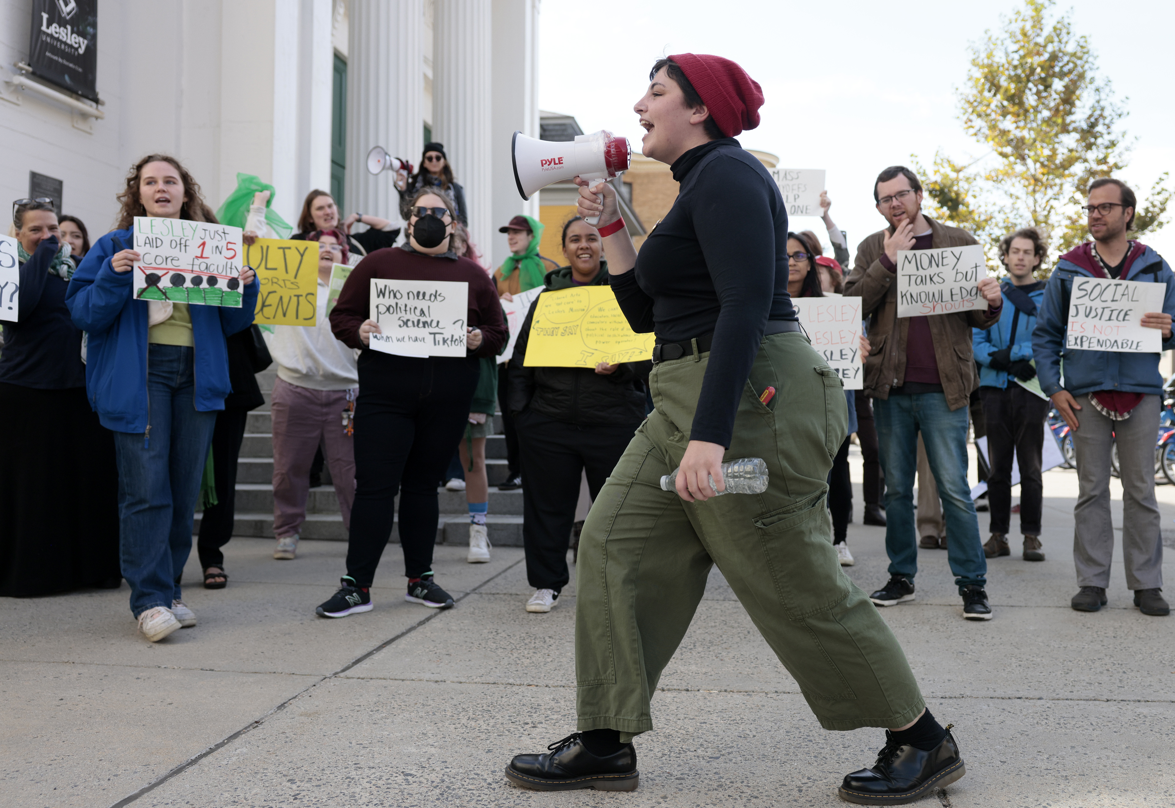 Lesley University students professors protest mass layoff of