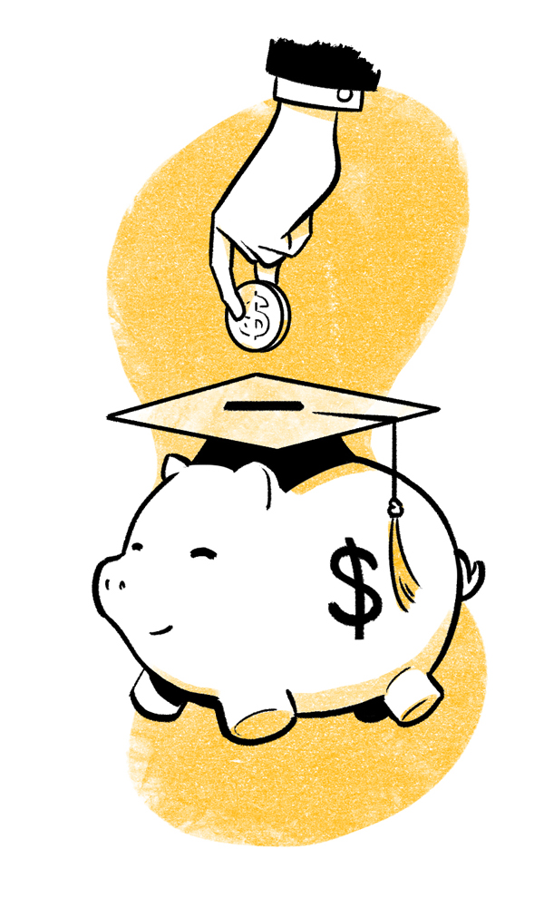 Illustration of a hand dropping change into a piggy bank wearing a graduation cap.