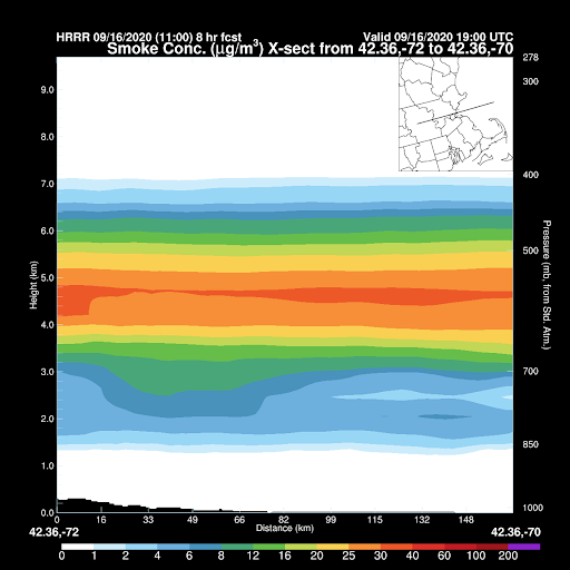 A cross section of smoke in the atmosphere over Greater Boston.