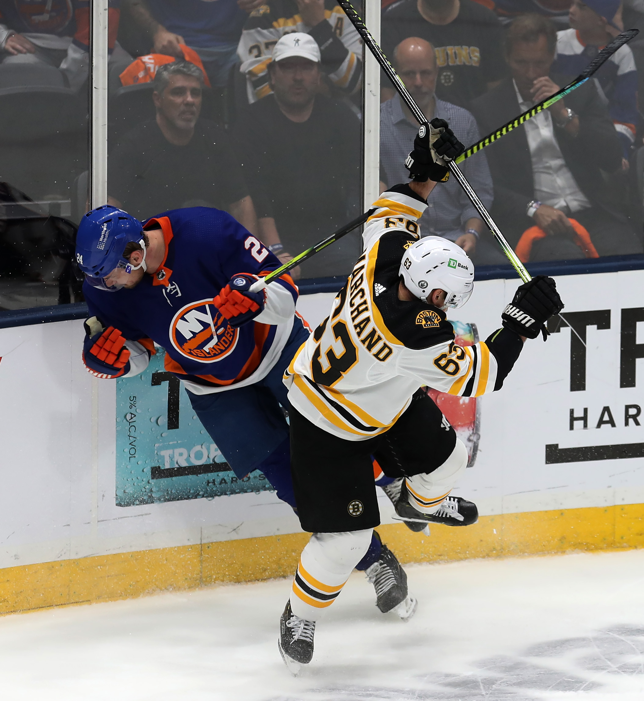 Game 6 was a physical one for both teams, as both Brad Marchand and Scott Mayfield -- seen here colliding in the first period -- can attest.