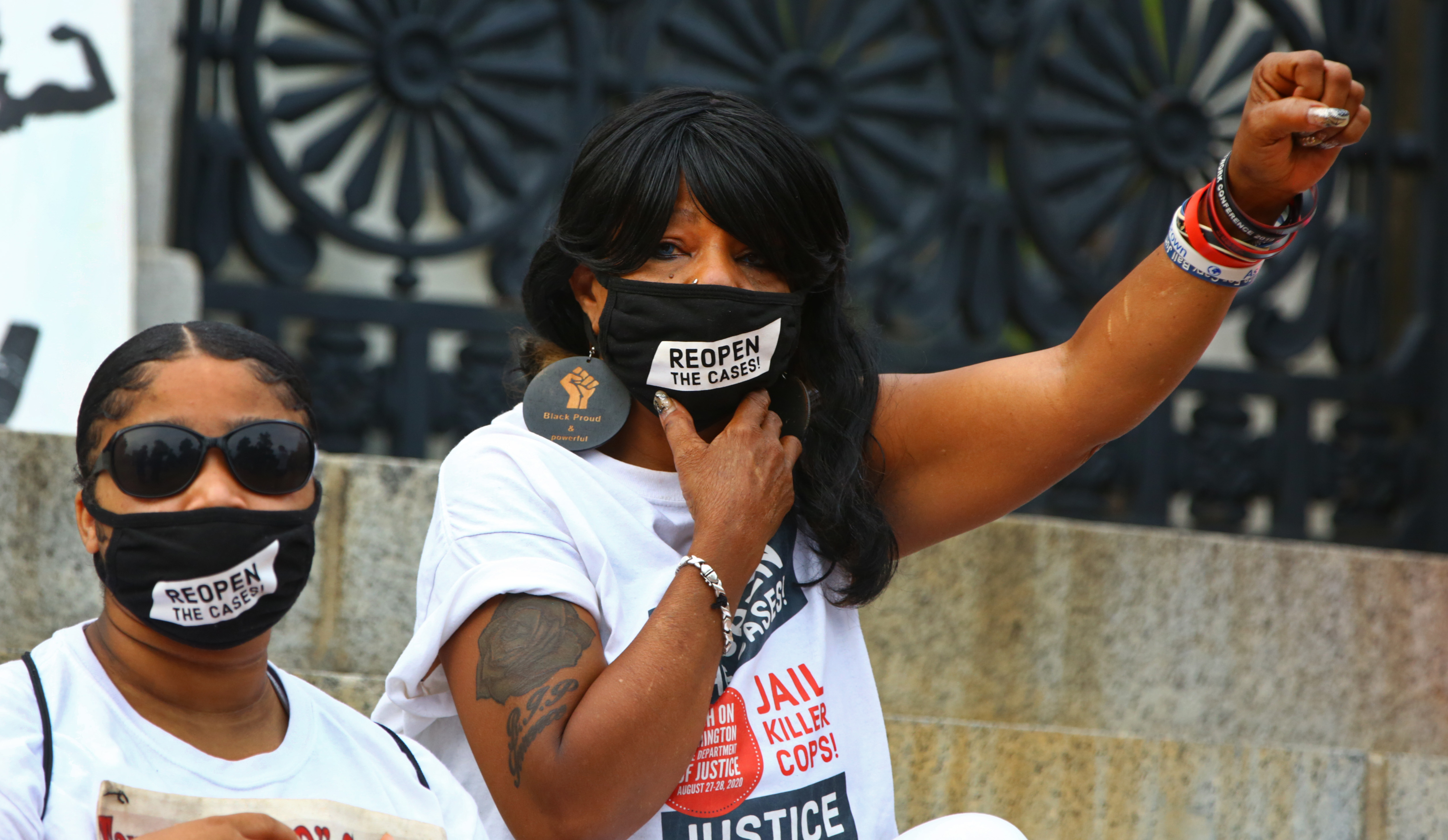 Hope Coleman (right) joined the protest at the State House. Her son Terrence Coleman was killed by police in 2016 after she called 911 for help for his mental problems.