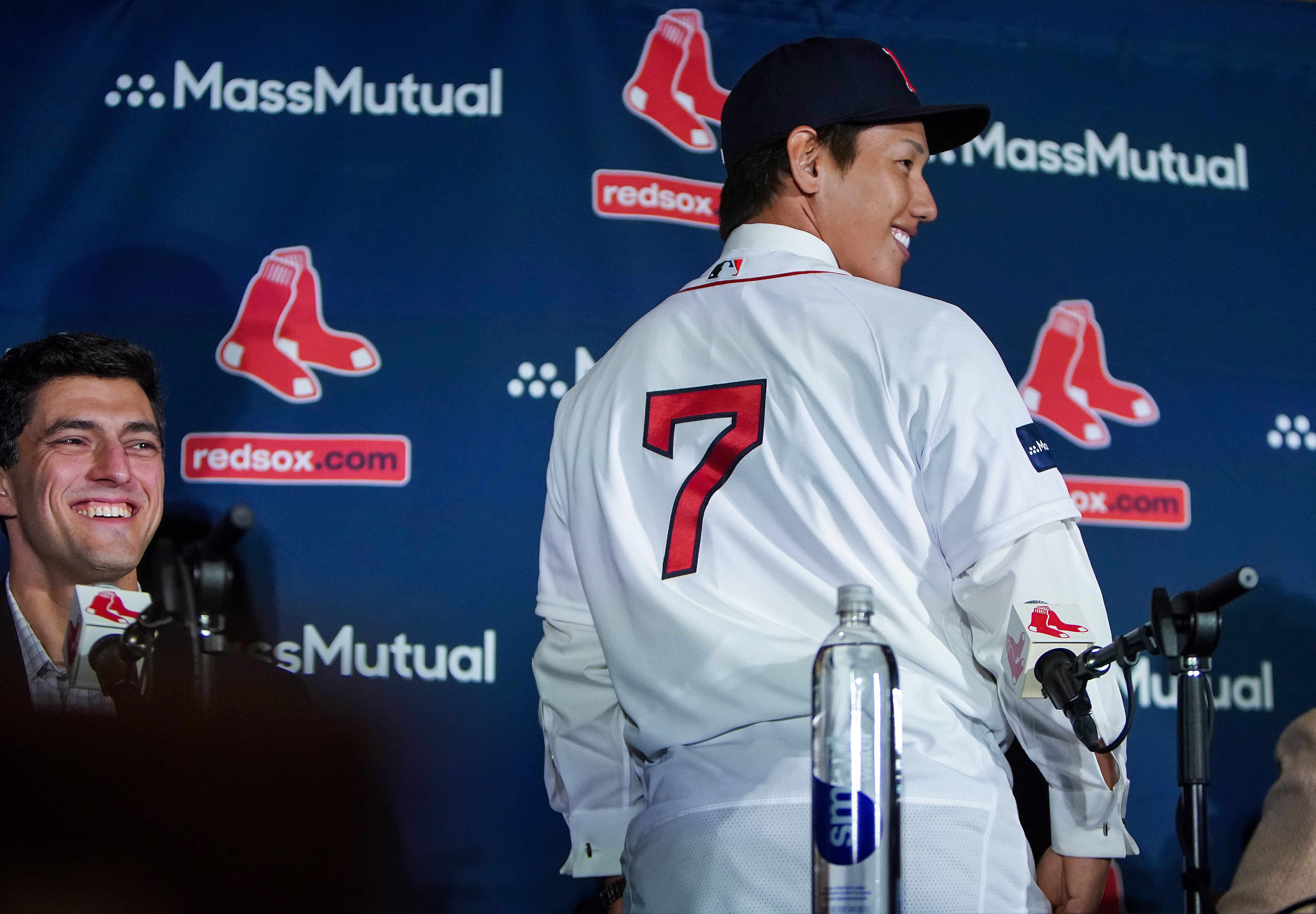 Masataka Yoshida embracing Red Sox at Spring Training