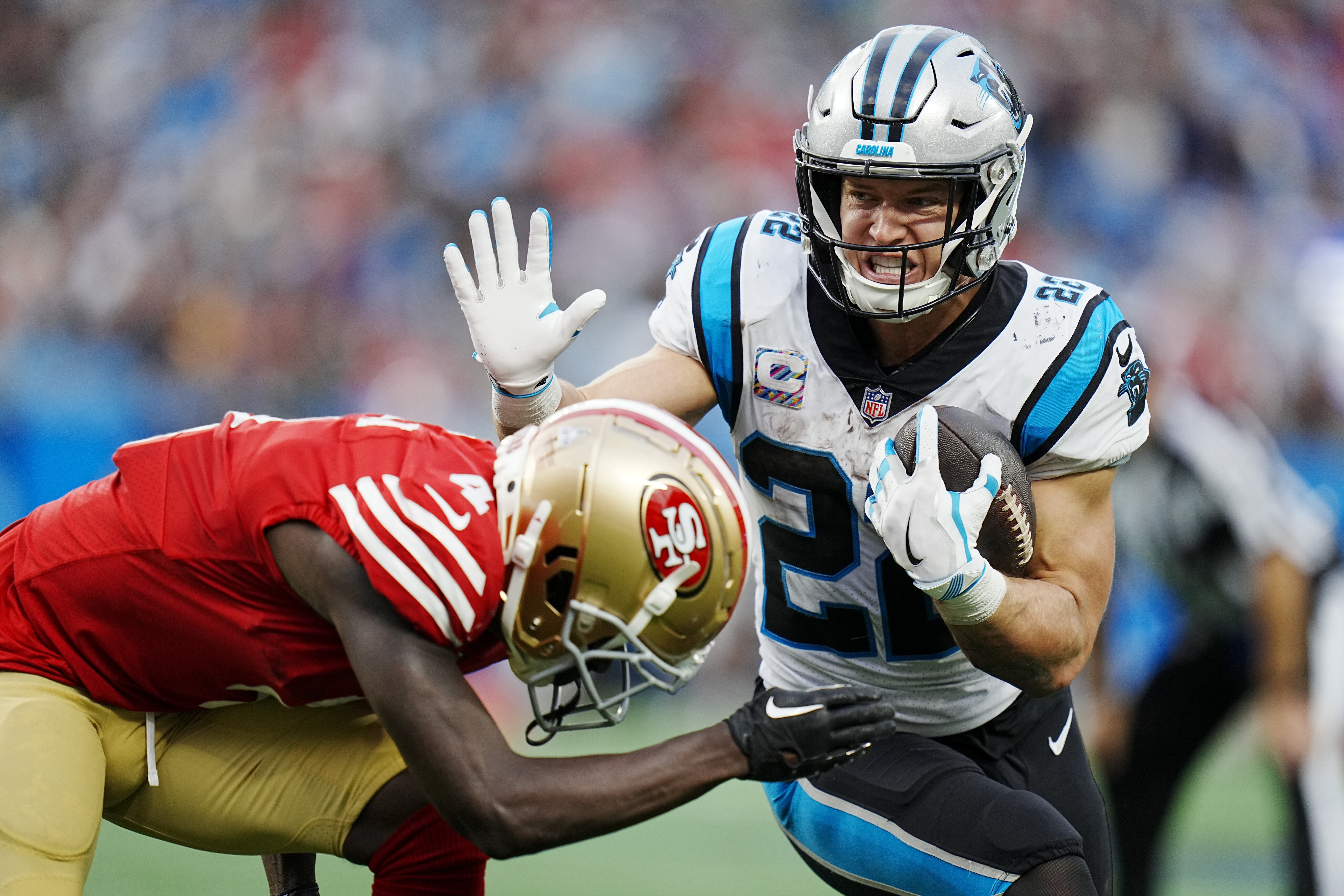 Christian McCaffrey Carolina Panthers Game-Used #22 White Jersey vs. San  Francisco 49ers on October 9