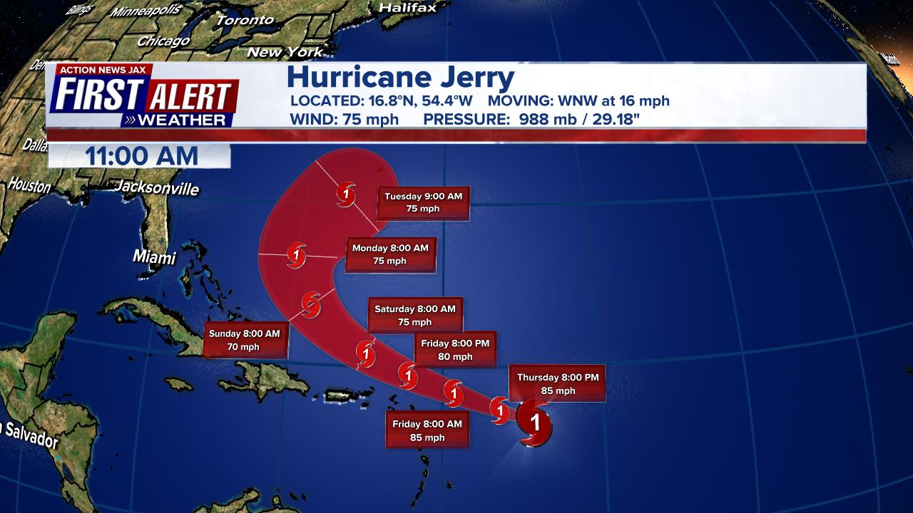 Jerry strengthens to category one hurricane, no threat to NE Florida ...