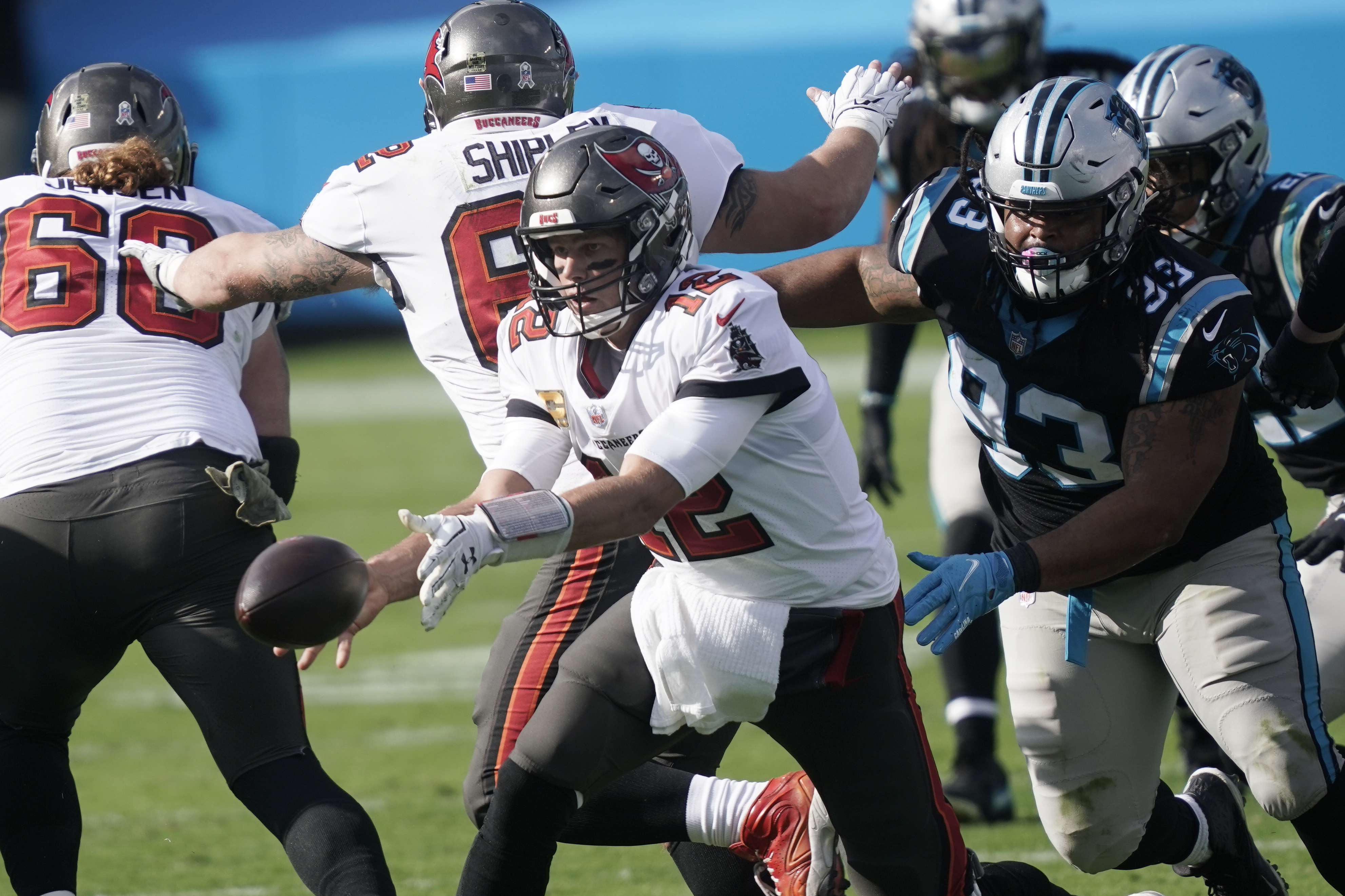 Carolina Panthers linebacker Shaq Thompson (7) reacts after making a play  on defense during an NFL football game against the Atlanta Falcons,  Thursday, Nov. 10 2022, in Charlotte, N.C. (AP Photo/Brian Westerholt