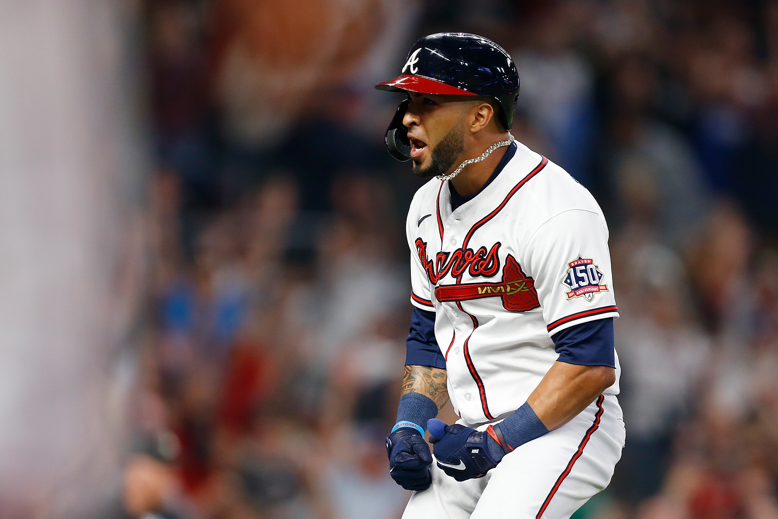 MLB Braves 13 Ronald Acuna Jr. Grey 2021 World Series With 150th