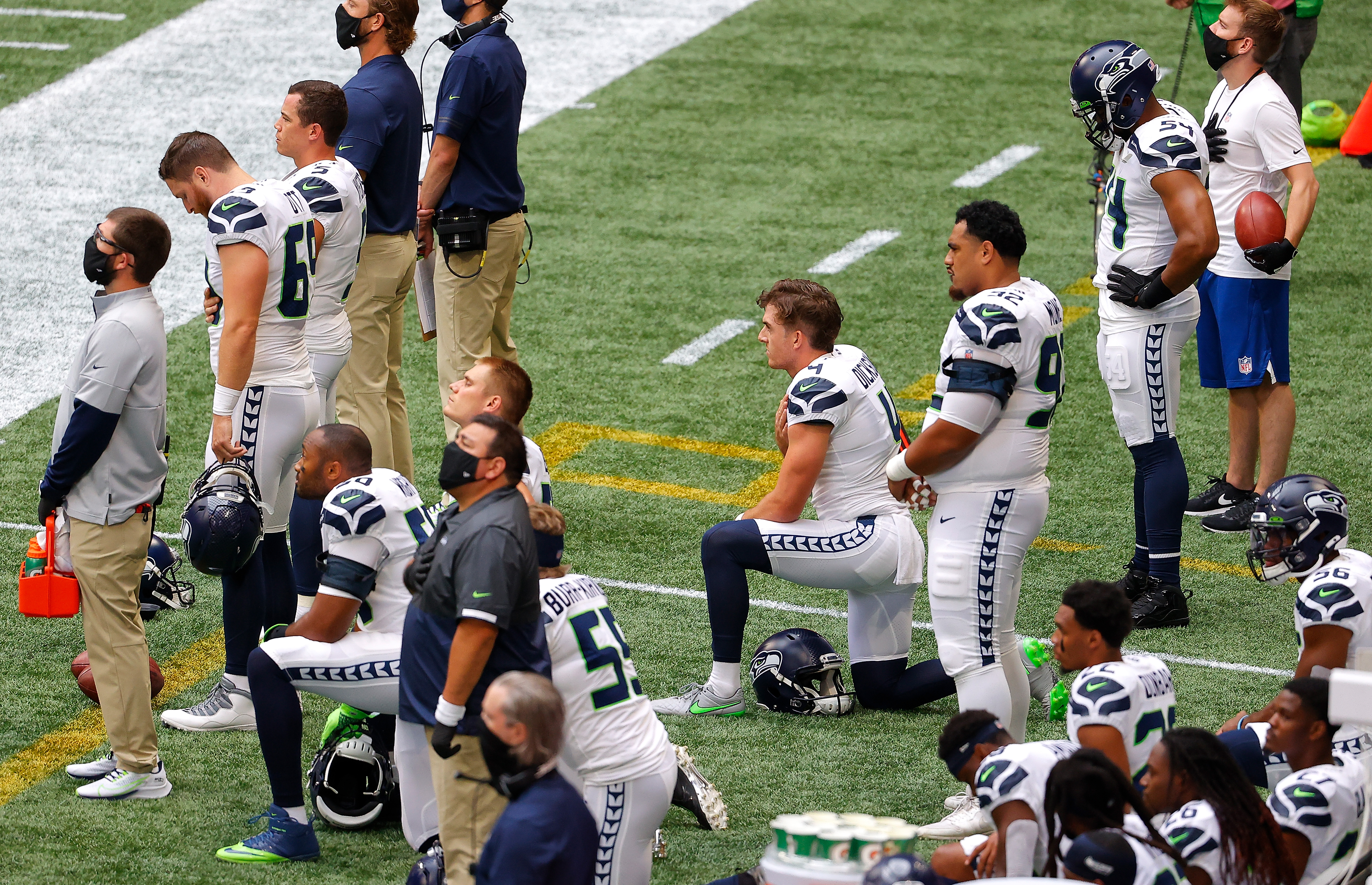 Seattle Seahawks punter Michael Dickson (4) on the sideline before