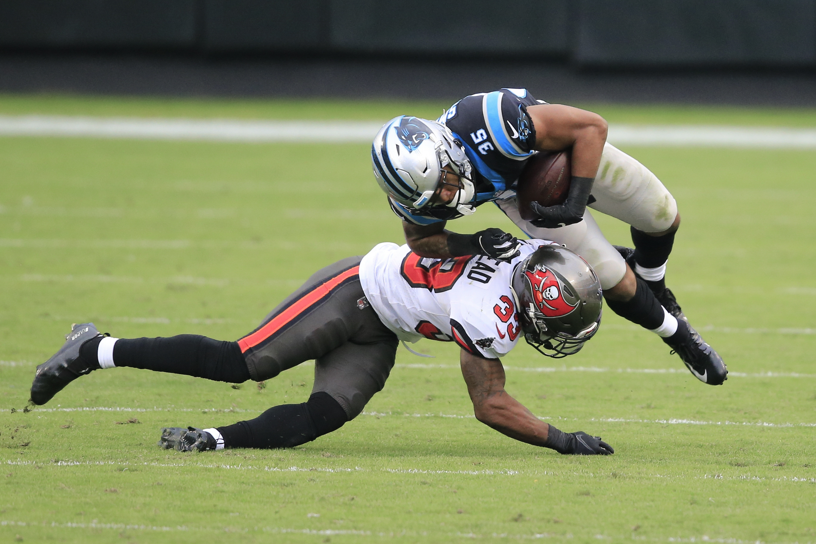 Carolina Panthers linebacker Shaq Thompson (7) reacts after making a play  on defense during an NFL football game against the Atlanta Falcons,  Thursday, Nov. 10 2022, in Charlotte, N.C. (AP Photo/Brian Westerholt