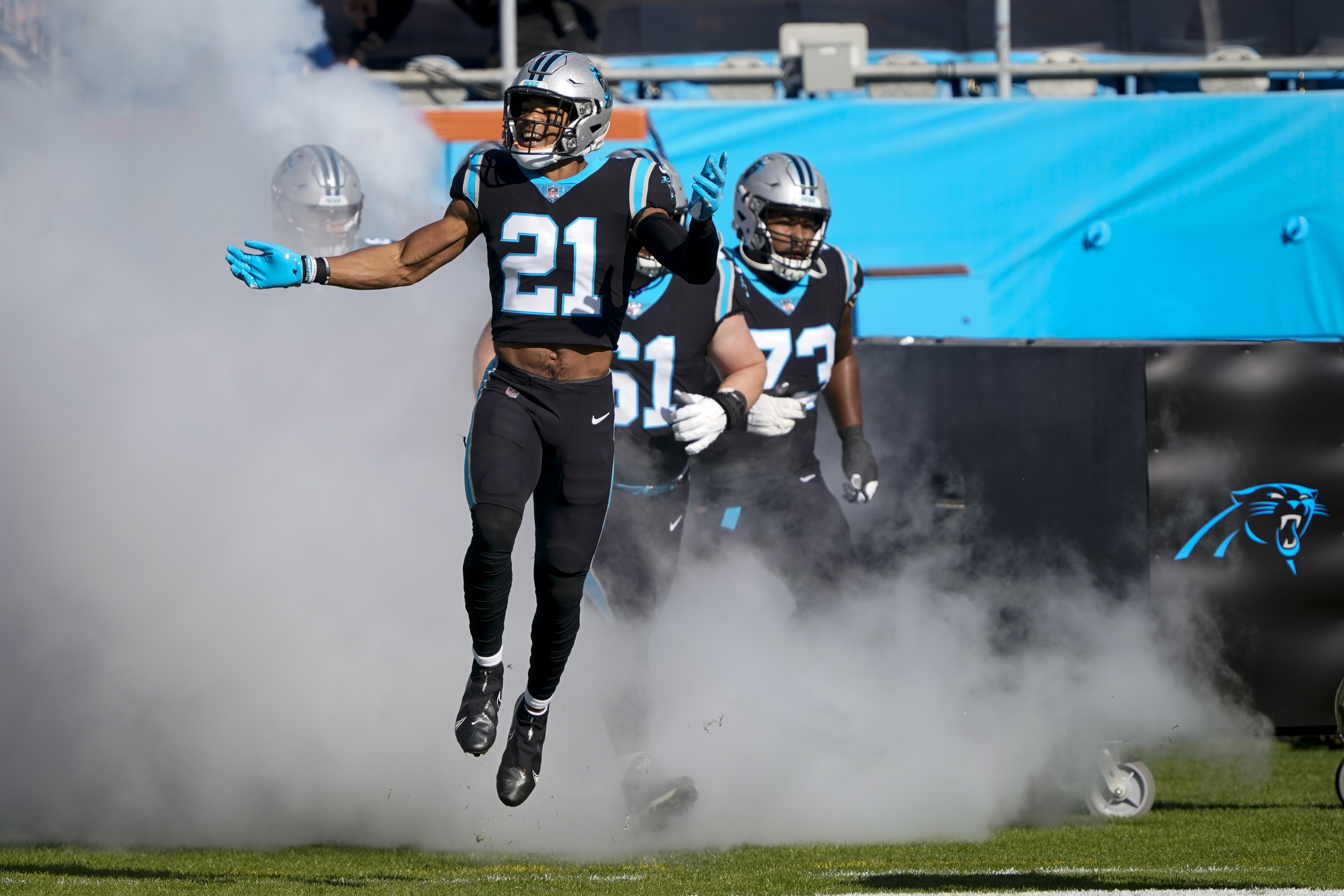 Carolina Panthers free safety Jeremy Chinn (21) yells instructions